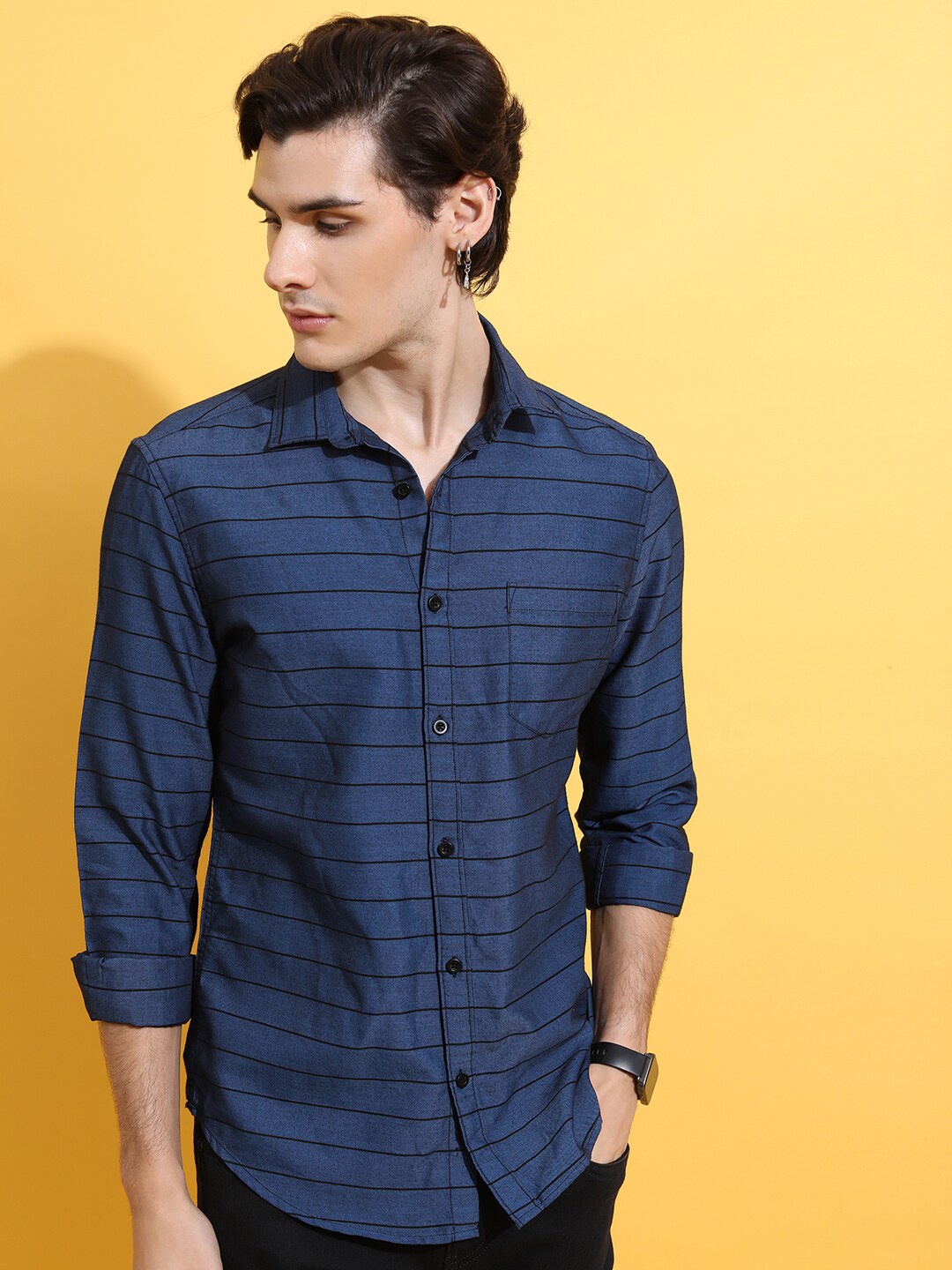 

HIGHLANDER Navy Blue Slim Fit Horizontal Stripes Casual Shirt