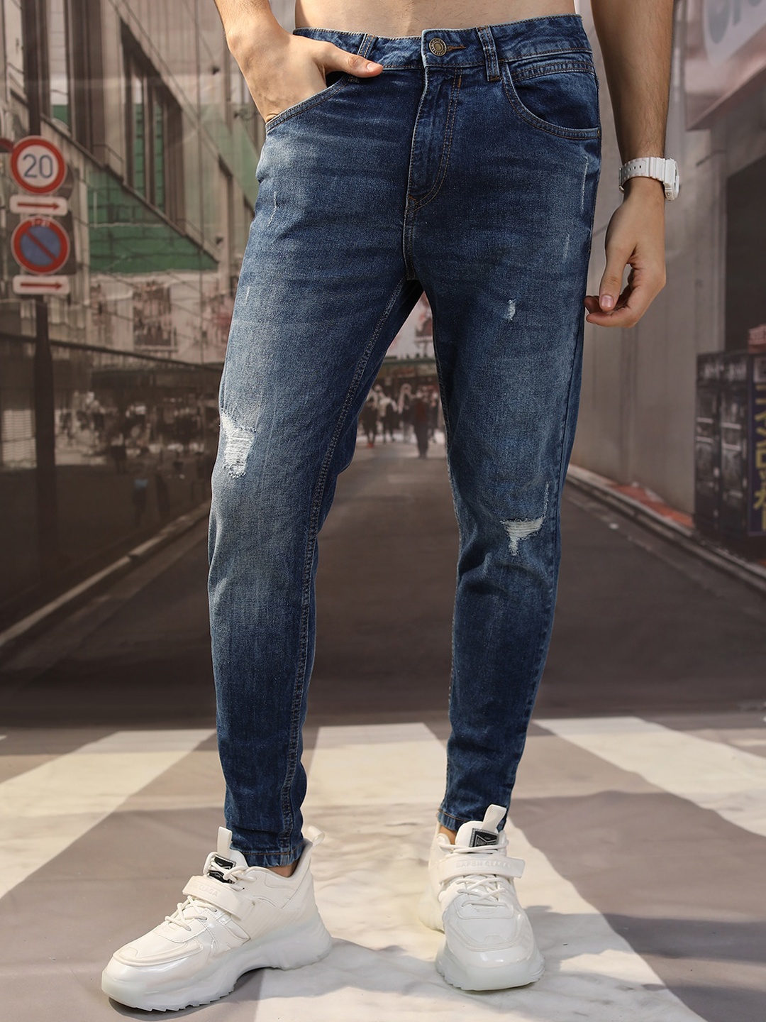 

Highlander Men Super Skinny Fit Heavy Faded Highly Distress Stretchable Jeans, Blue