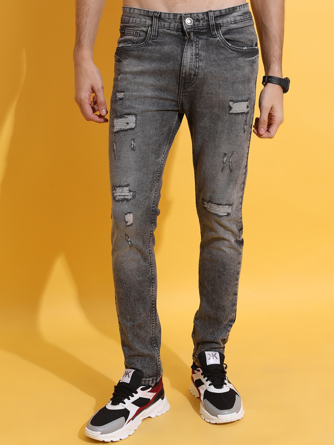 

Highlander Men Highly Distress Skinny Fit Stretchable Jeans, Grey