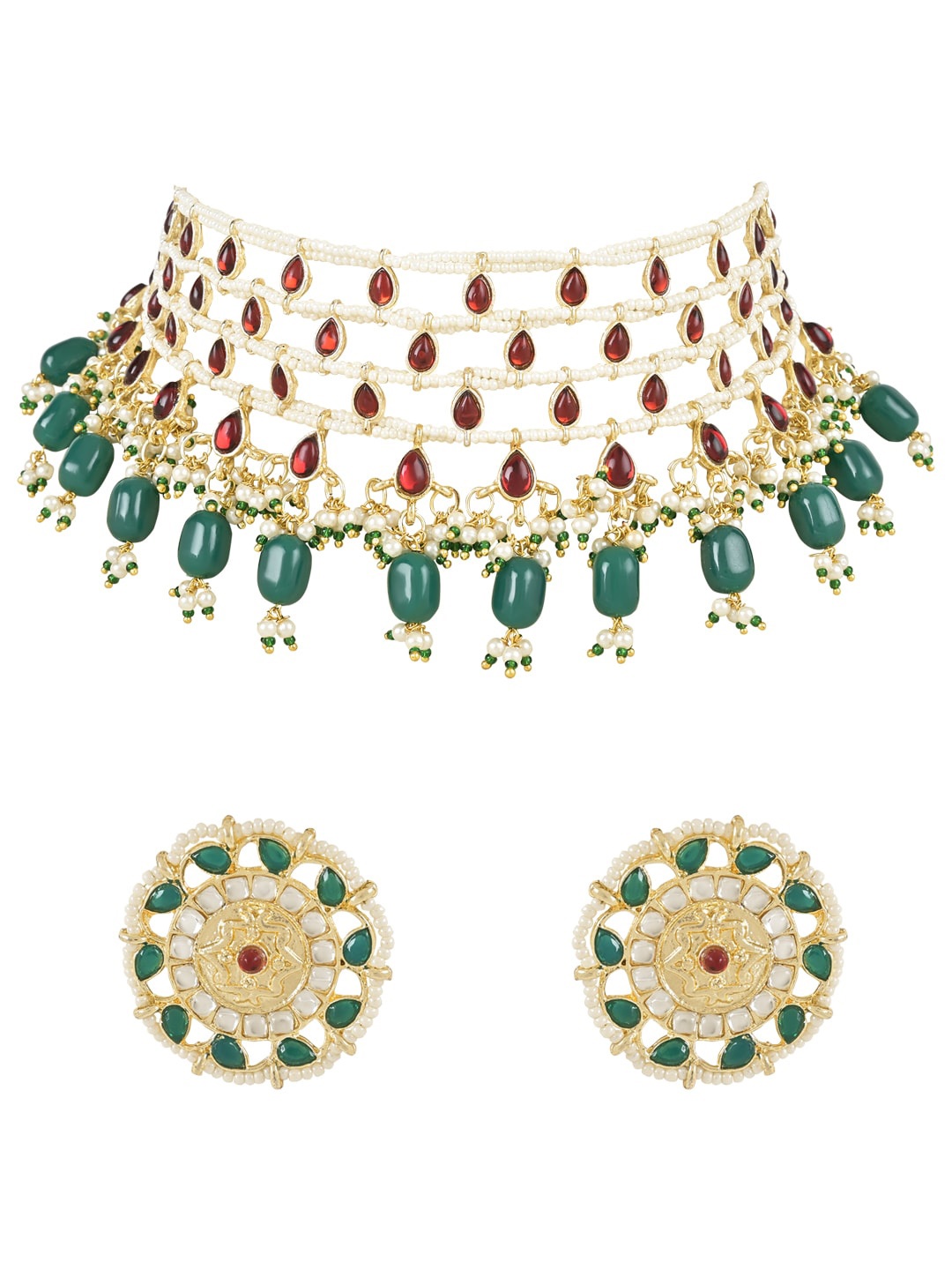 

I Jewels Gold-Plated Kundan-Studded & Beaded Jewellery Set