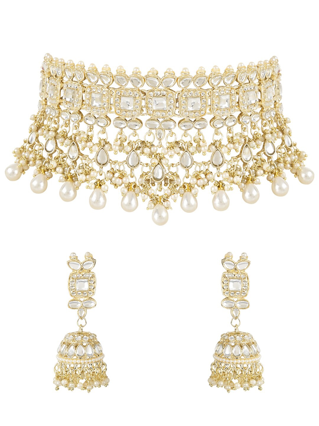 

I Jewels Gold-Plated Kundan-Studded & Beaded Jewellery Set