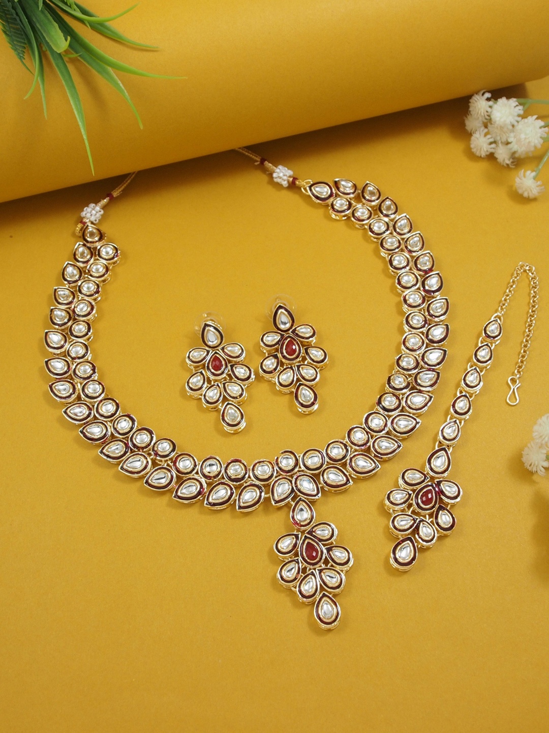 

I Jewels Gold-Plated Kundan-Studded Meenakari Jewellery Set