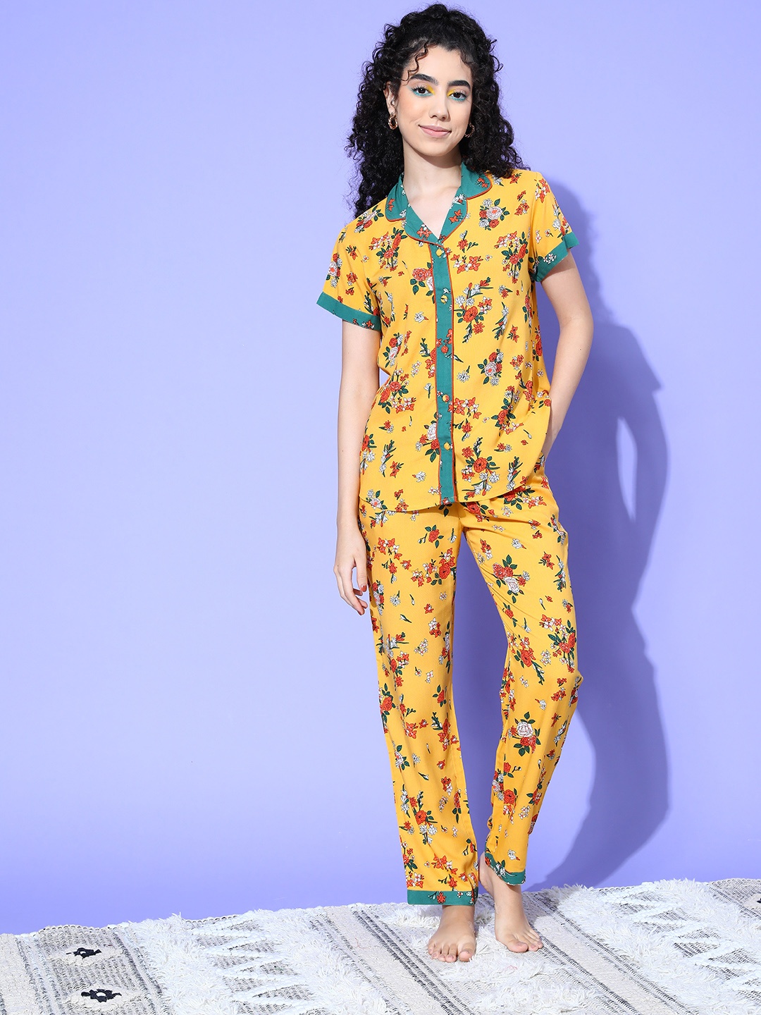 ETC Women Floral Printed Night suit, Yellow