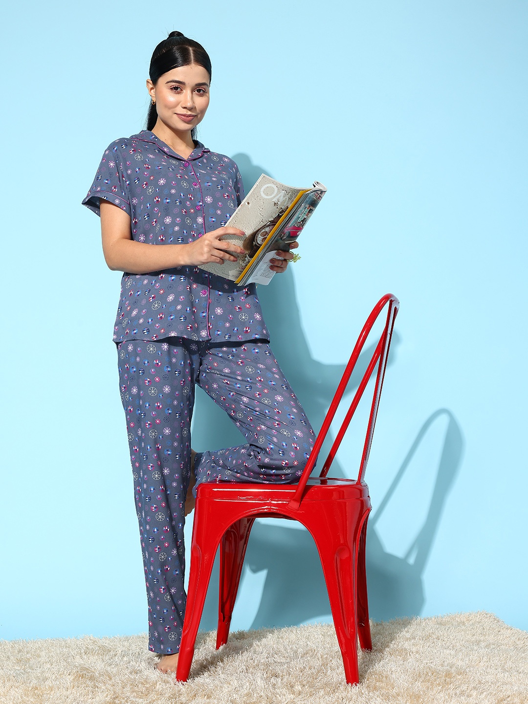 

ETC Women Geometric Printed Night suit, Blue