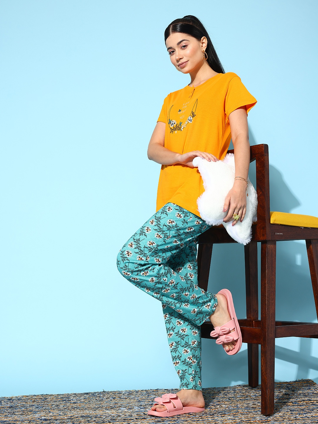 

ETC Floral Printed Night Suit, Mustard