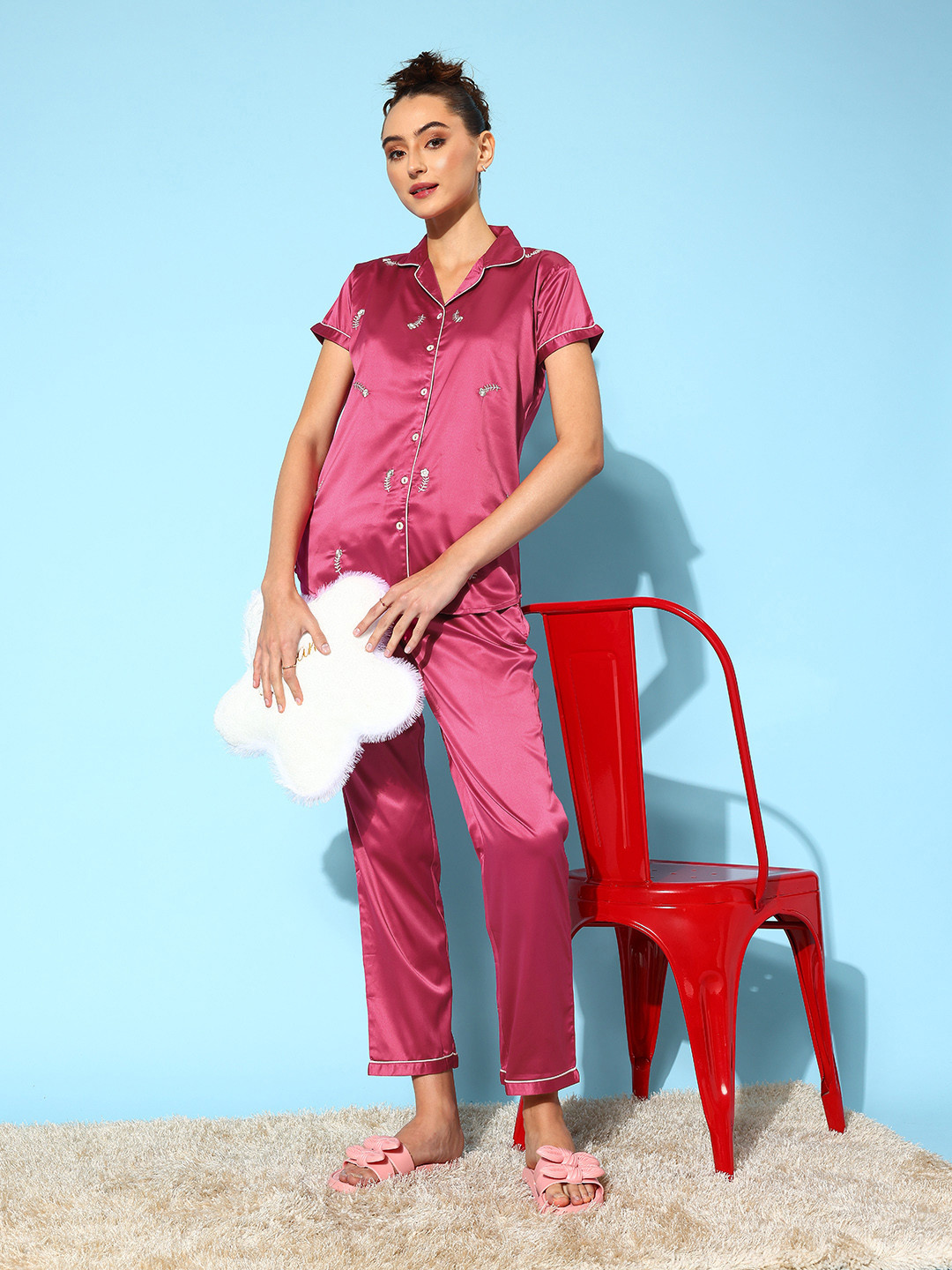 

ETC Floral Embroidered Satin Night Suit, Pink