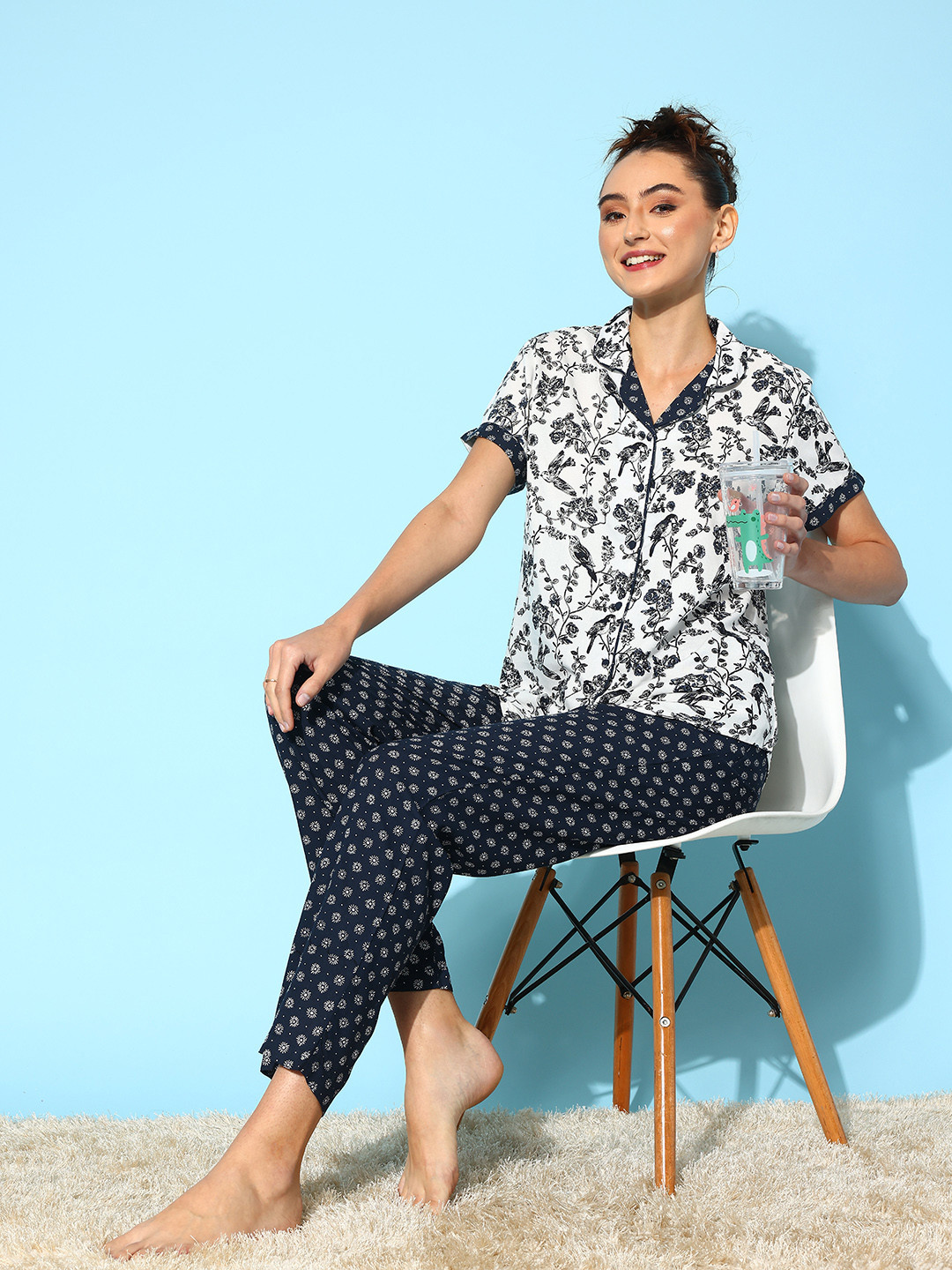

ETC Floral Print Night Suit, Navy blue