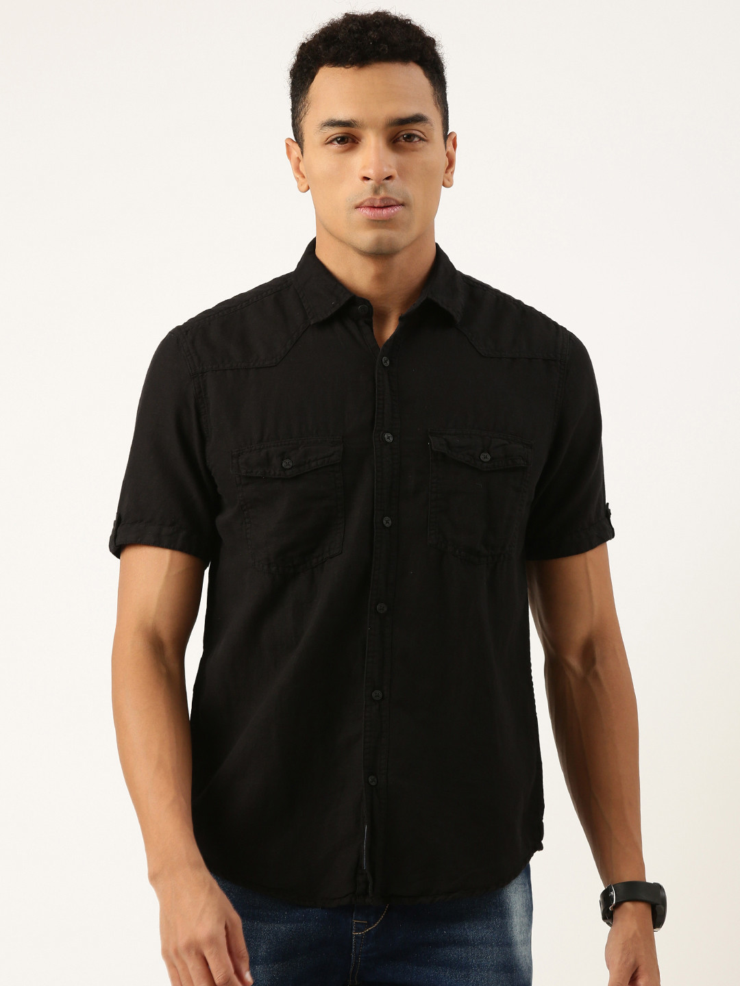

Bene Kleed Men Cotton Linen Casual Shirt, Black