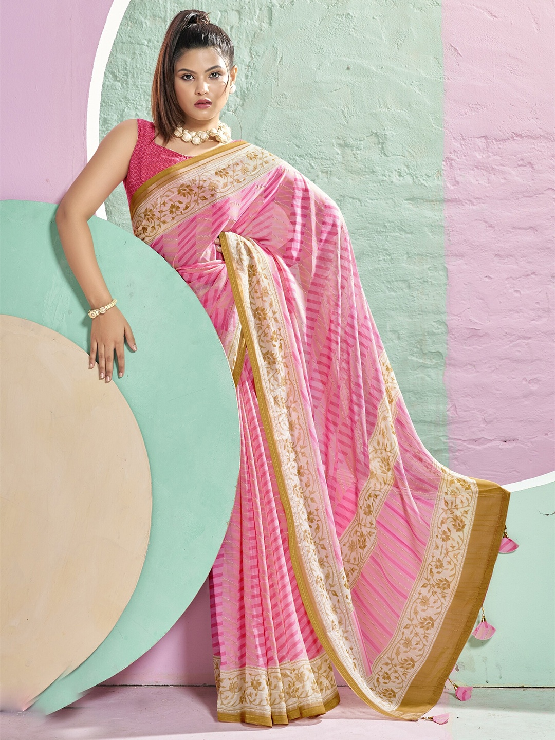 

Triveni Leheriya Printed Pure Georgette Saree, Pink