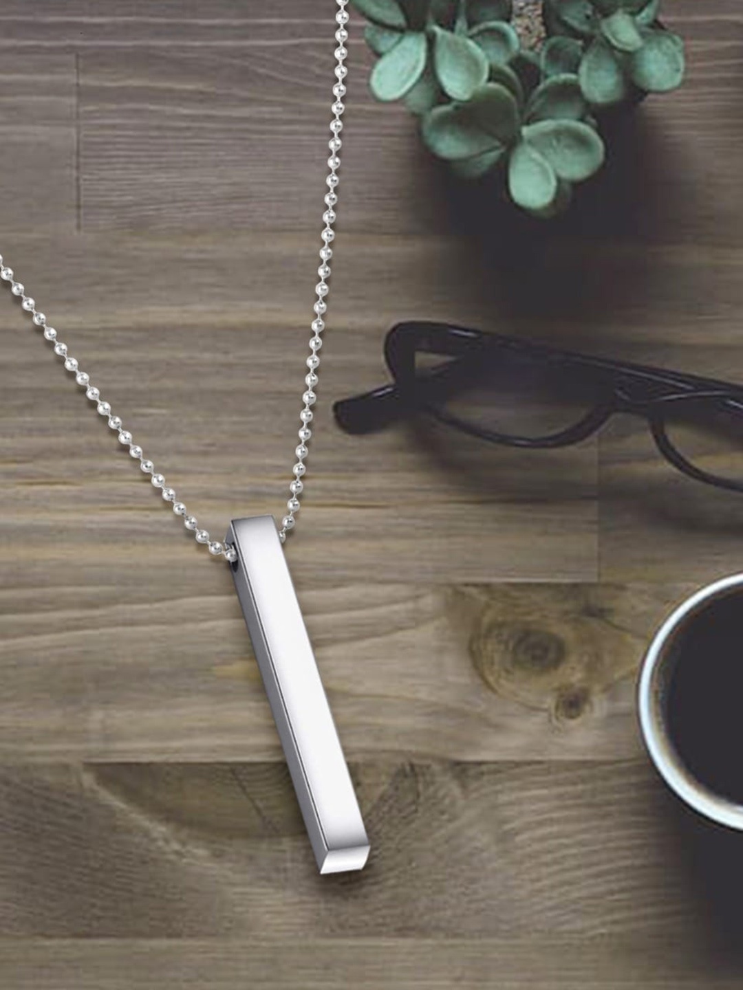 

MEENAZ Men Set of 2 Silver-Plated Bar-Shaped Pendant With Chain, Black