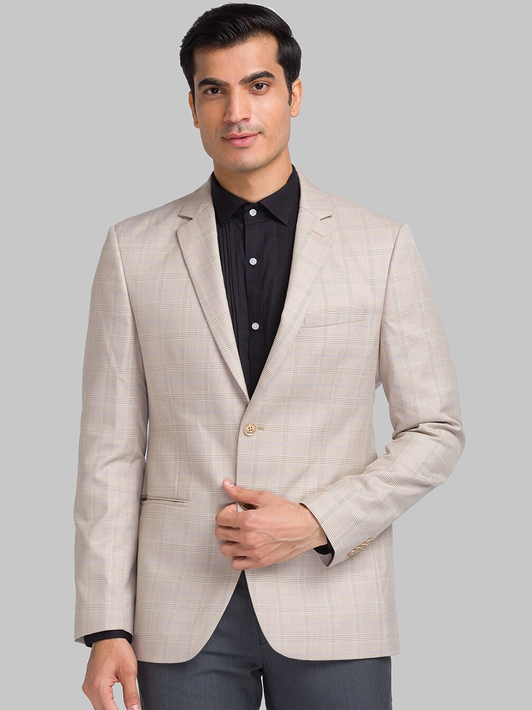 

Park Avenue Checked Slim-Fit Single-Breasted Fawn Blazer, Grey