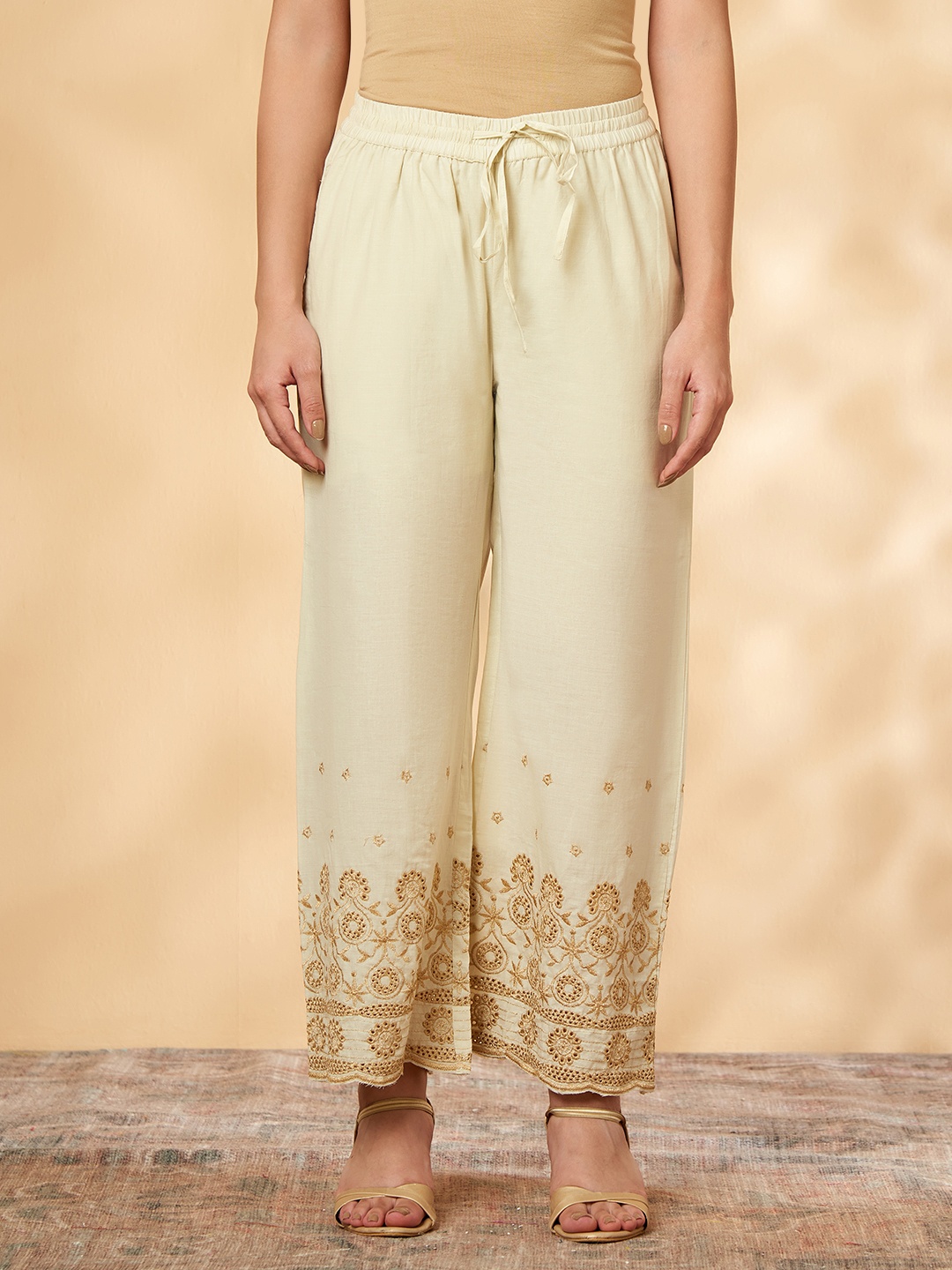 

IMARA Women Ethnic Motifs Embroidered Cotton Flared Palazzos, Off white