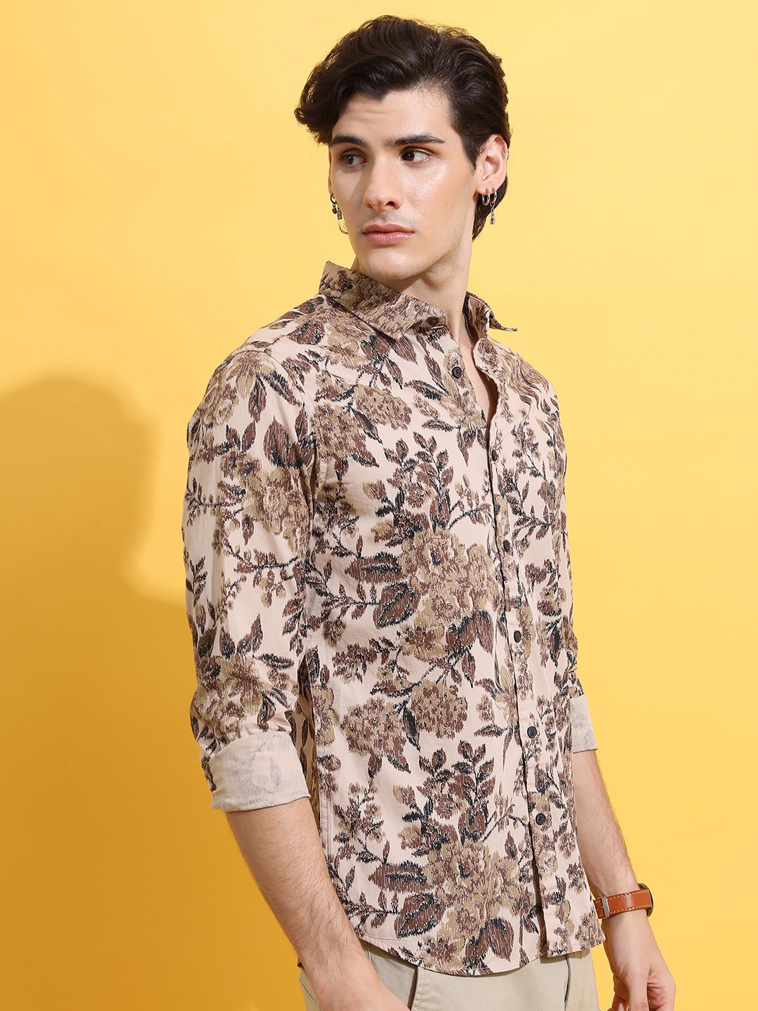 

HIGHLANDER Beige Slim Fit Floral Printed Cotton Casual Shirt
