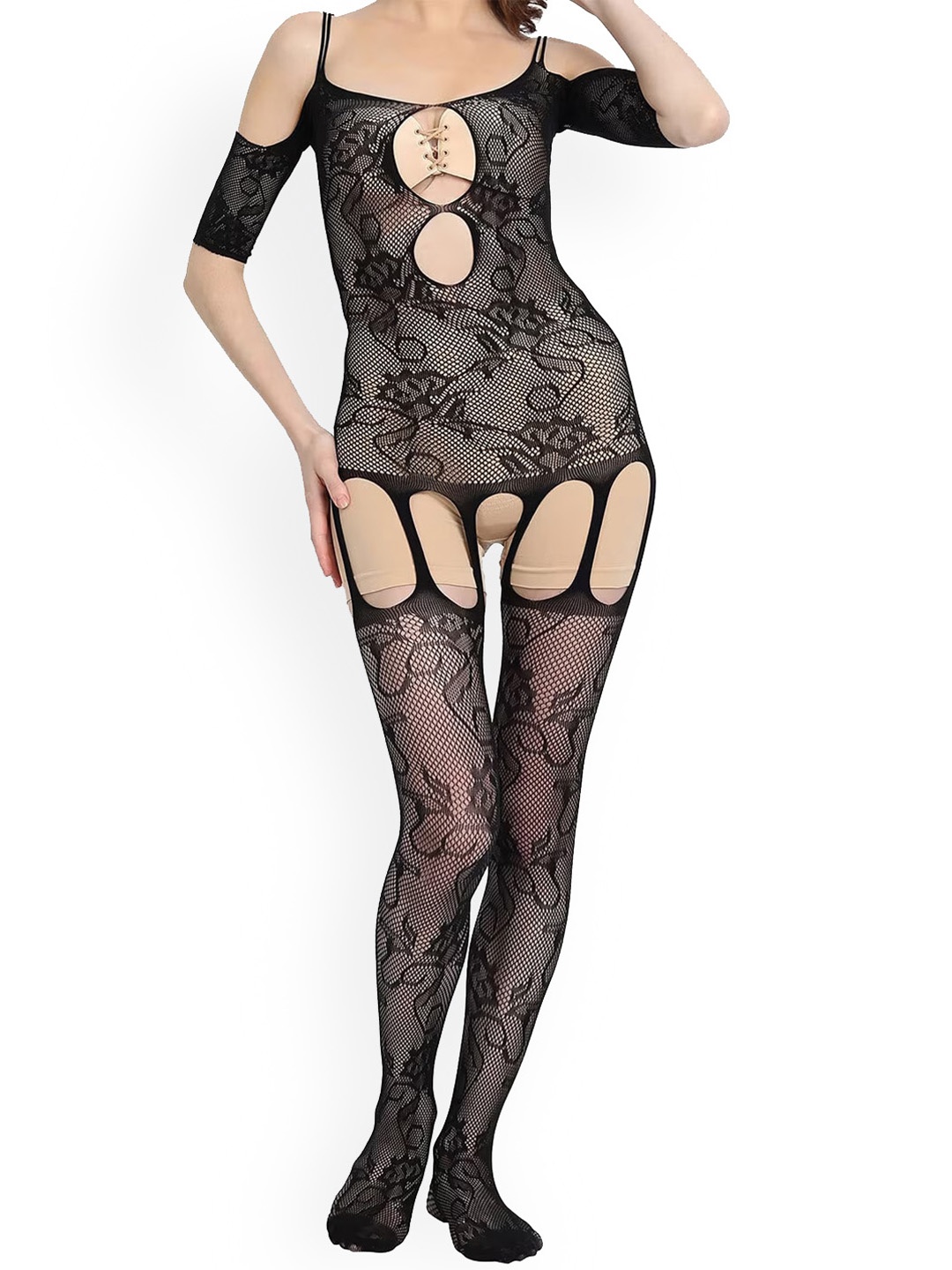 

3mads Self Design Stretchable Stockings, Black