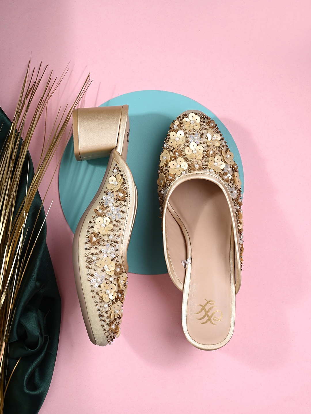 

House of Pataudi Embellished Slip-On Block Heels, Copper