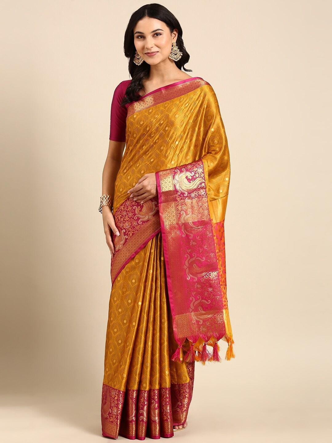 

Mitera Woven Design Zari Pure Silk Mysore Silk Saree, Gold