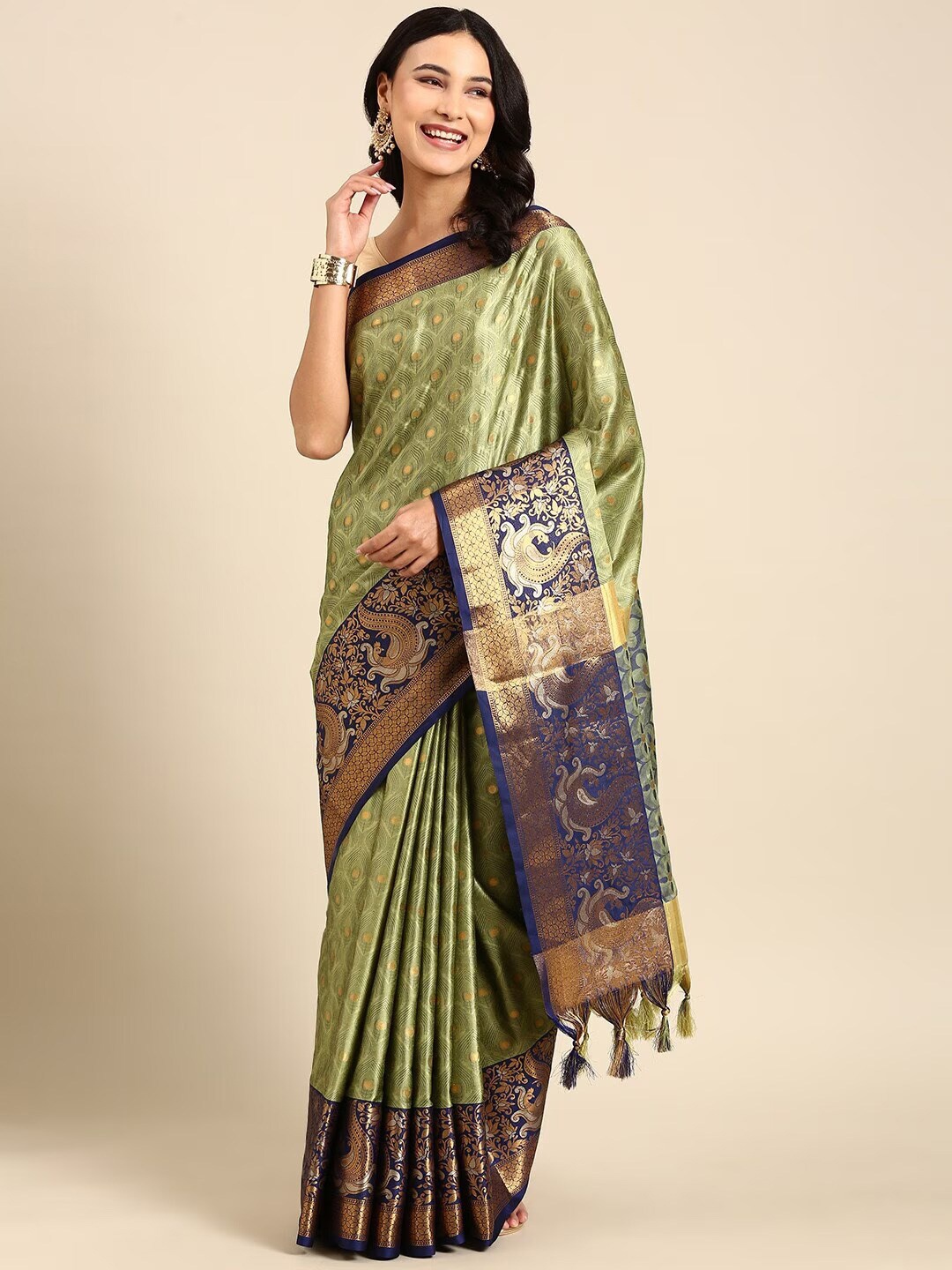 

VILLAGIUS Ethnic Motifs Woven Design Zari Pure Silk Mysore Silk Saree, Olive