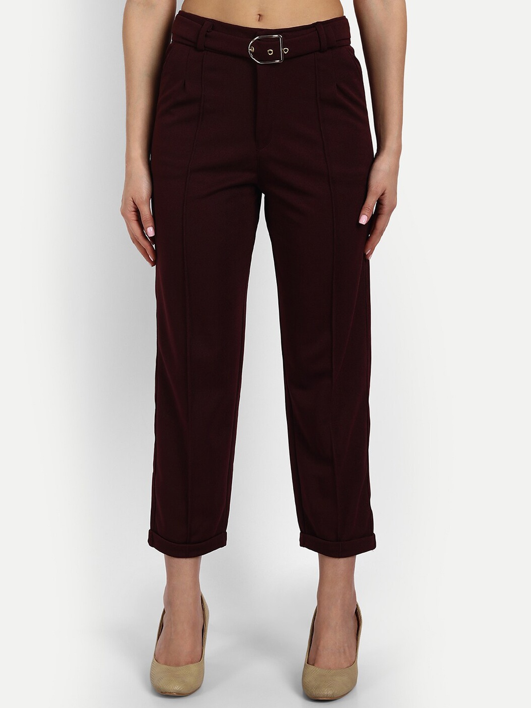 

Next One Women Smart Straight Fit High-Rise Easy Wash Pleated Trousers, Maroon