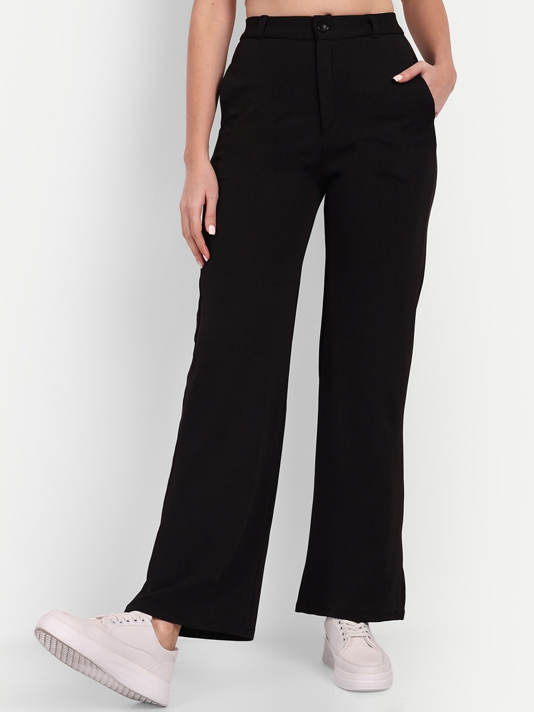 

Next One Women Smart Loose Fit High-Rise Easy Wash Stretchable Trousers, Black