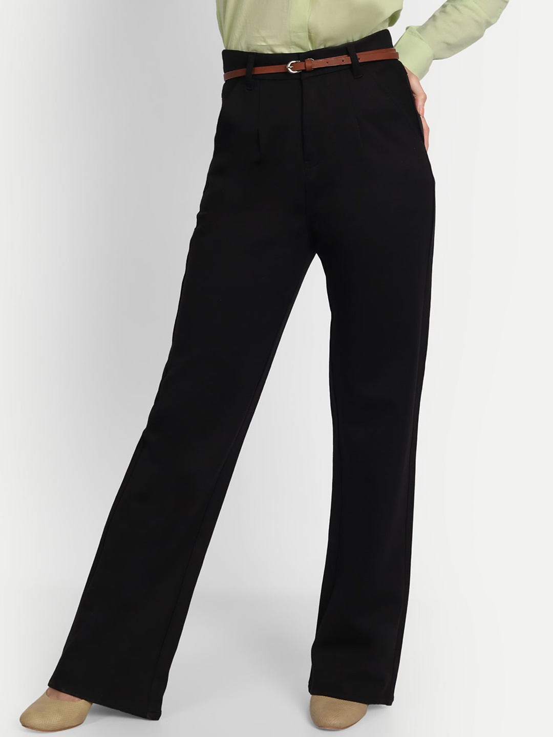 

Next One Women Relaxed Straight Leg Loose Fit High-Rise Easy Wash Pleated Formal Trousers, Black