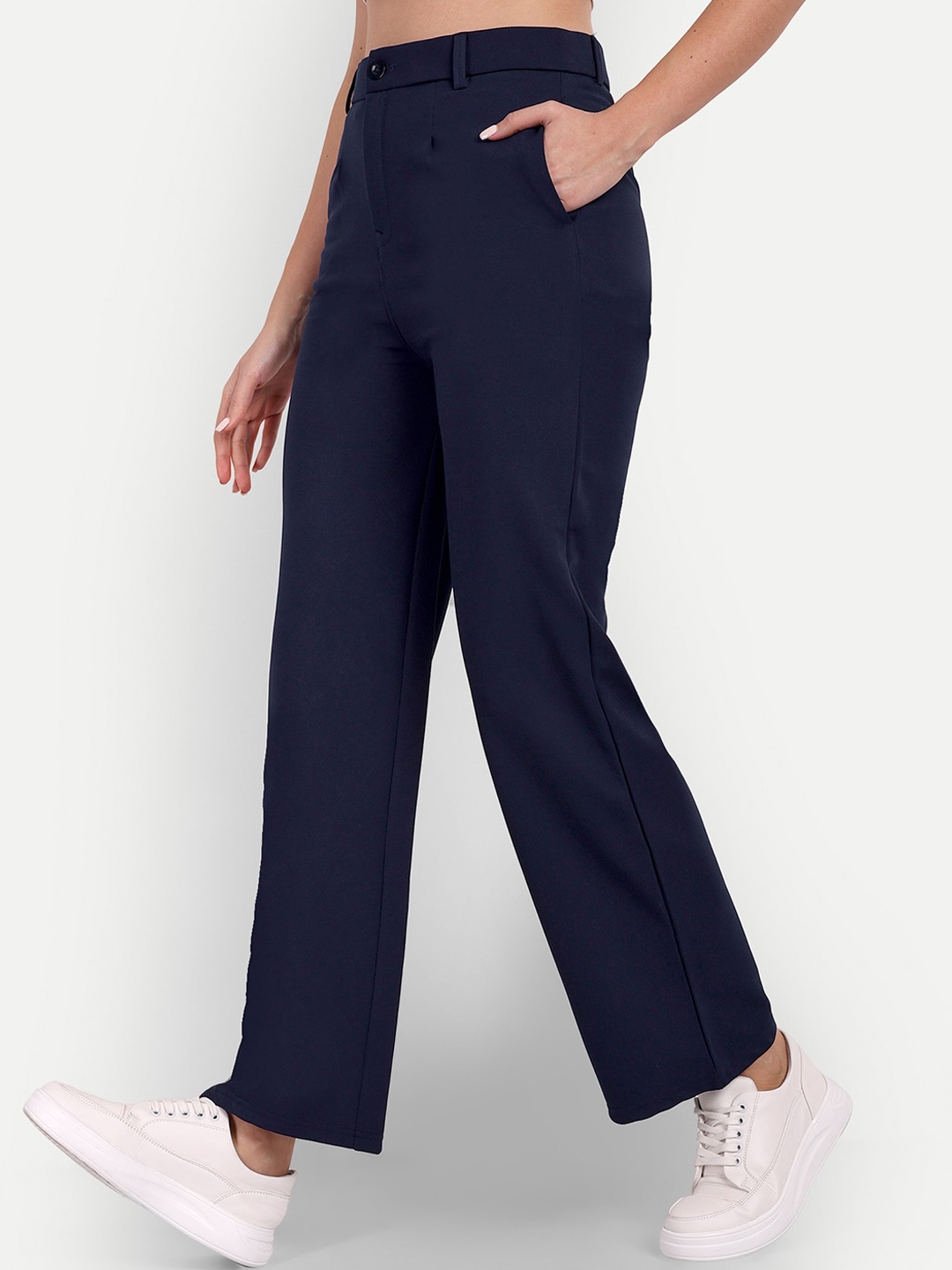 

Next One Women Tailored Straight Fit High-Rise Easy Wash Trousers, Navy blue