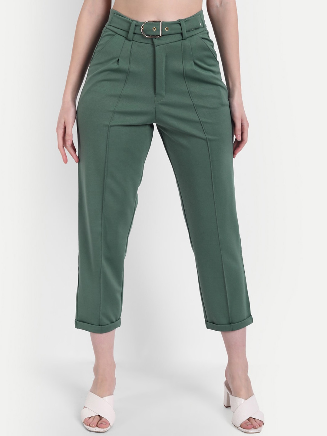 

Next One Women Smart Straight Fit High-Rise Easy Wash Pleated Trousers, Green