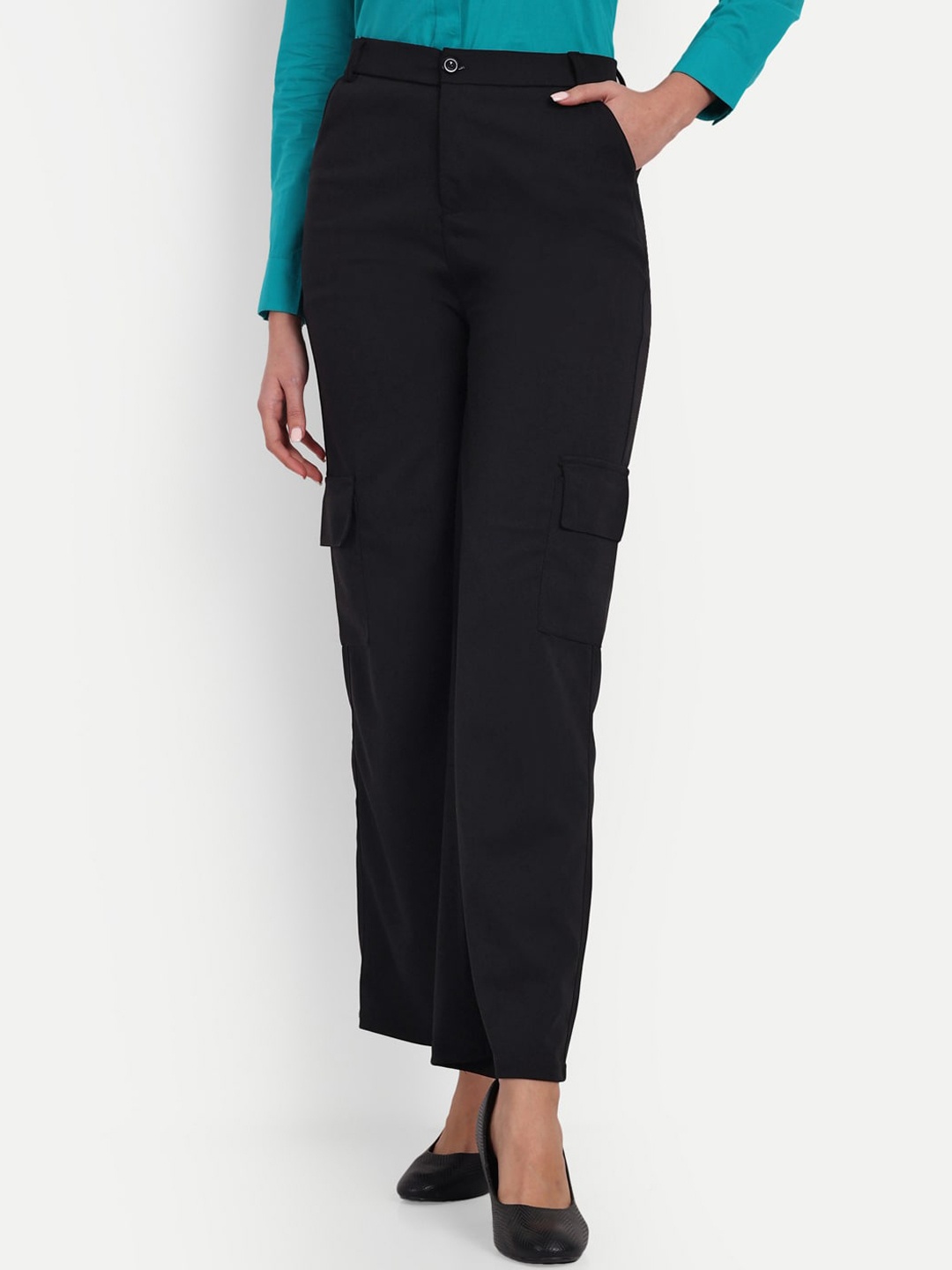 

Next One Women Smart Loose Fit High-Rise Cargos Trousers, Black