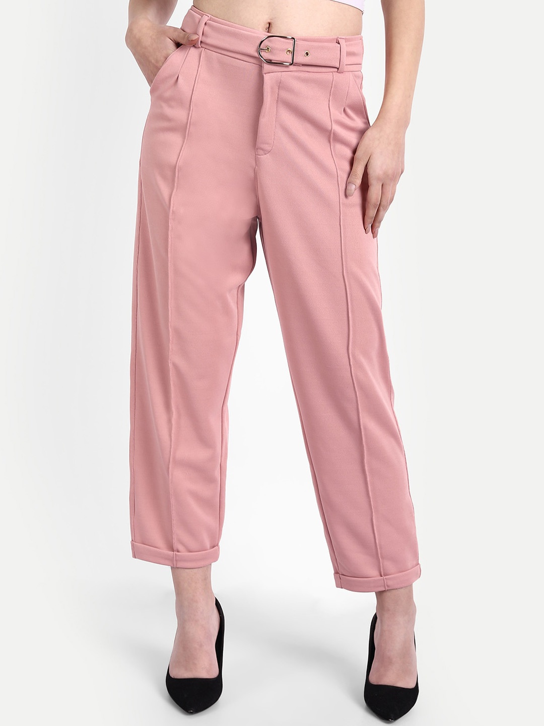 

Next One Women Relaxed Straight Leg Loose Fit High-Rise Trousers, Pink