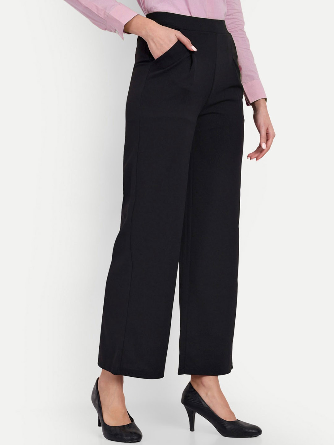 

Next One Women Tailored Loose Fit High-Rise Easy Wash Formal Trousers, Black