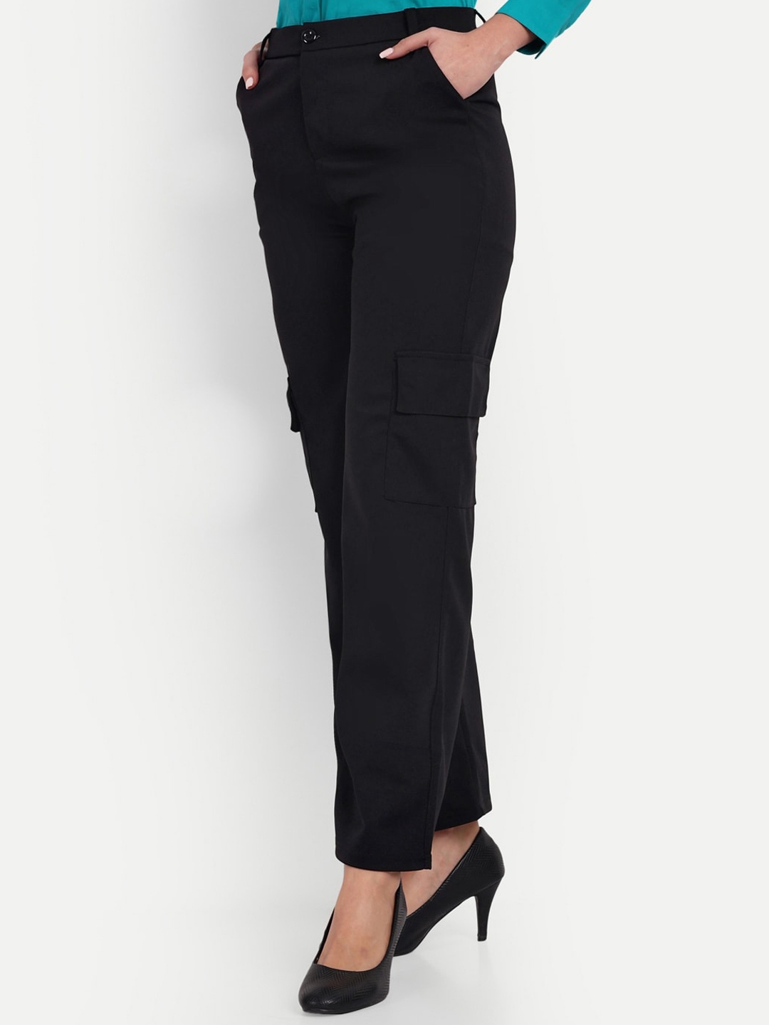 

Next One Women Relaxed Loose Fit High-Rise Easy Wash Cargo Trousers, Black