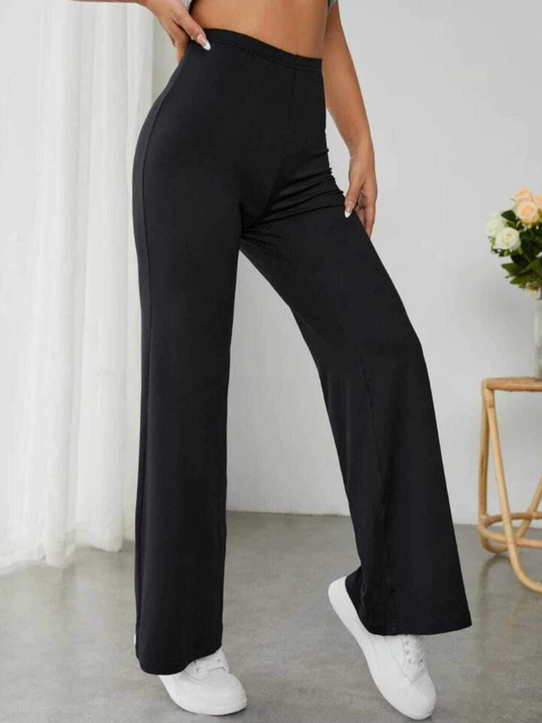 

Next One Women Relaxed Straight Leg Loose Fit High-Rise Easy Wash Formal Trousers, Black