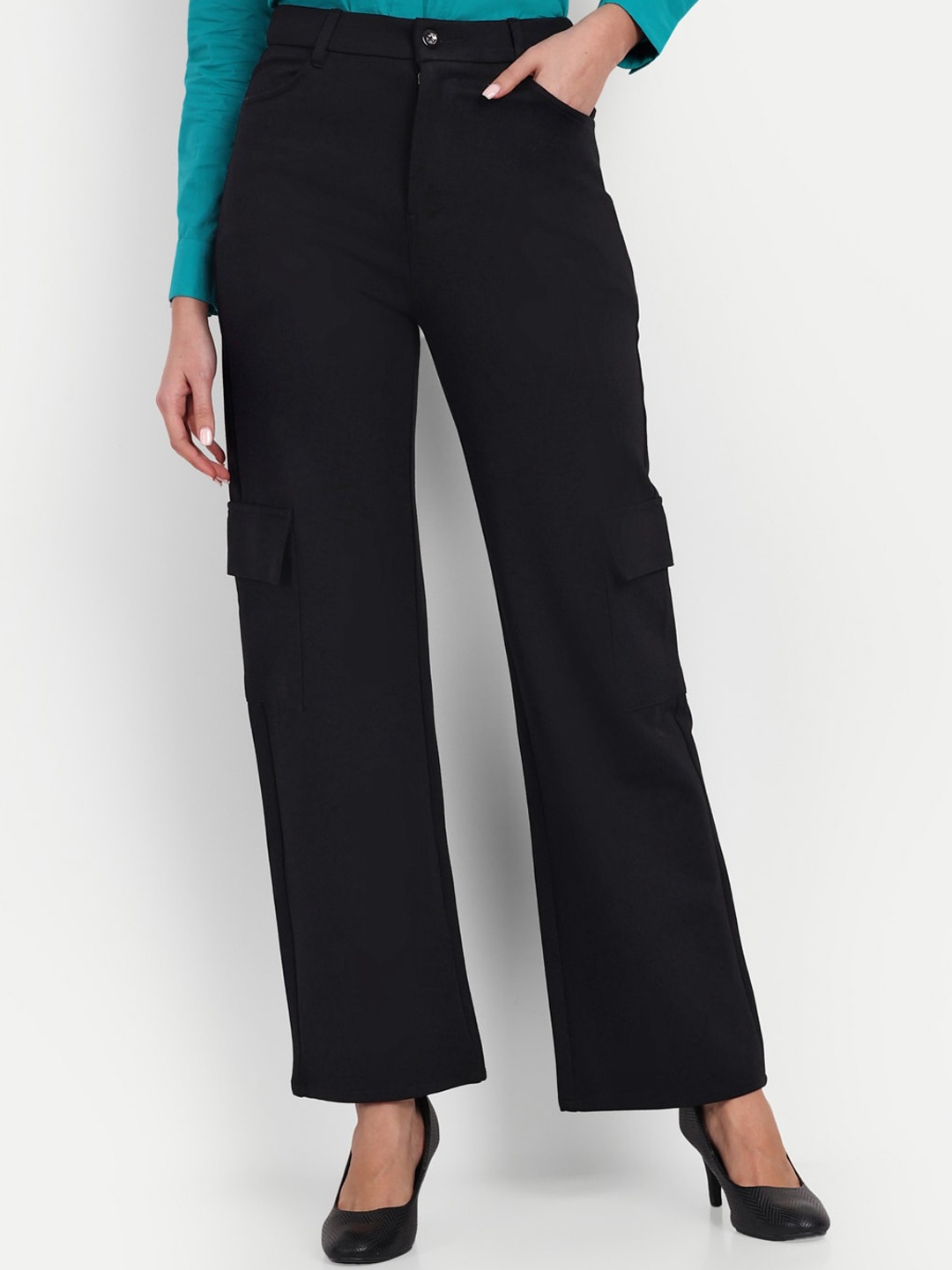 

Next One Women High-Rise Smart Straight Fit Cargos Trousers, Black