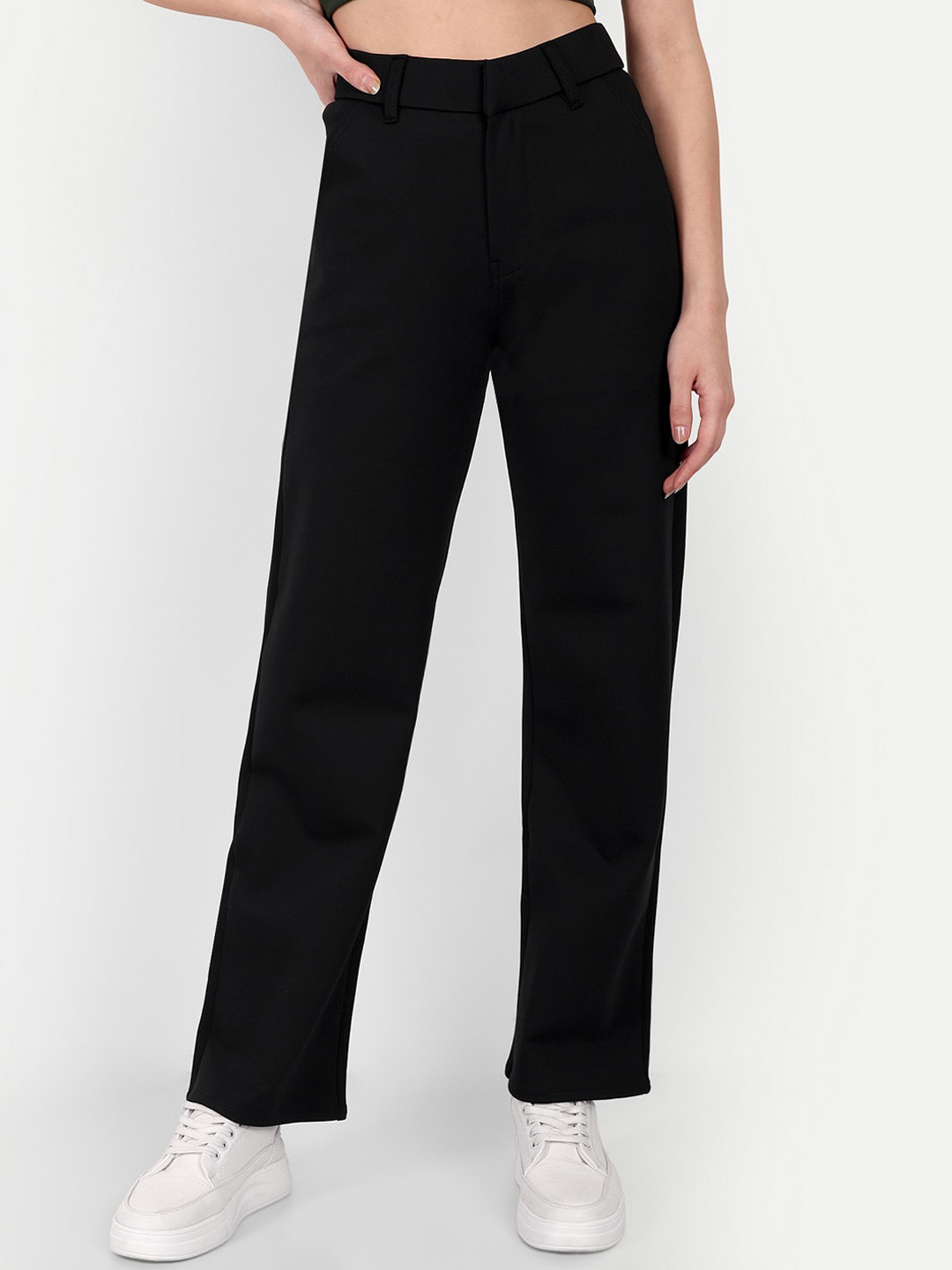 

Next One Women Relaxed Straight Leg Loose Fit High-Rise Easy Wash Trousers, Black