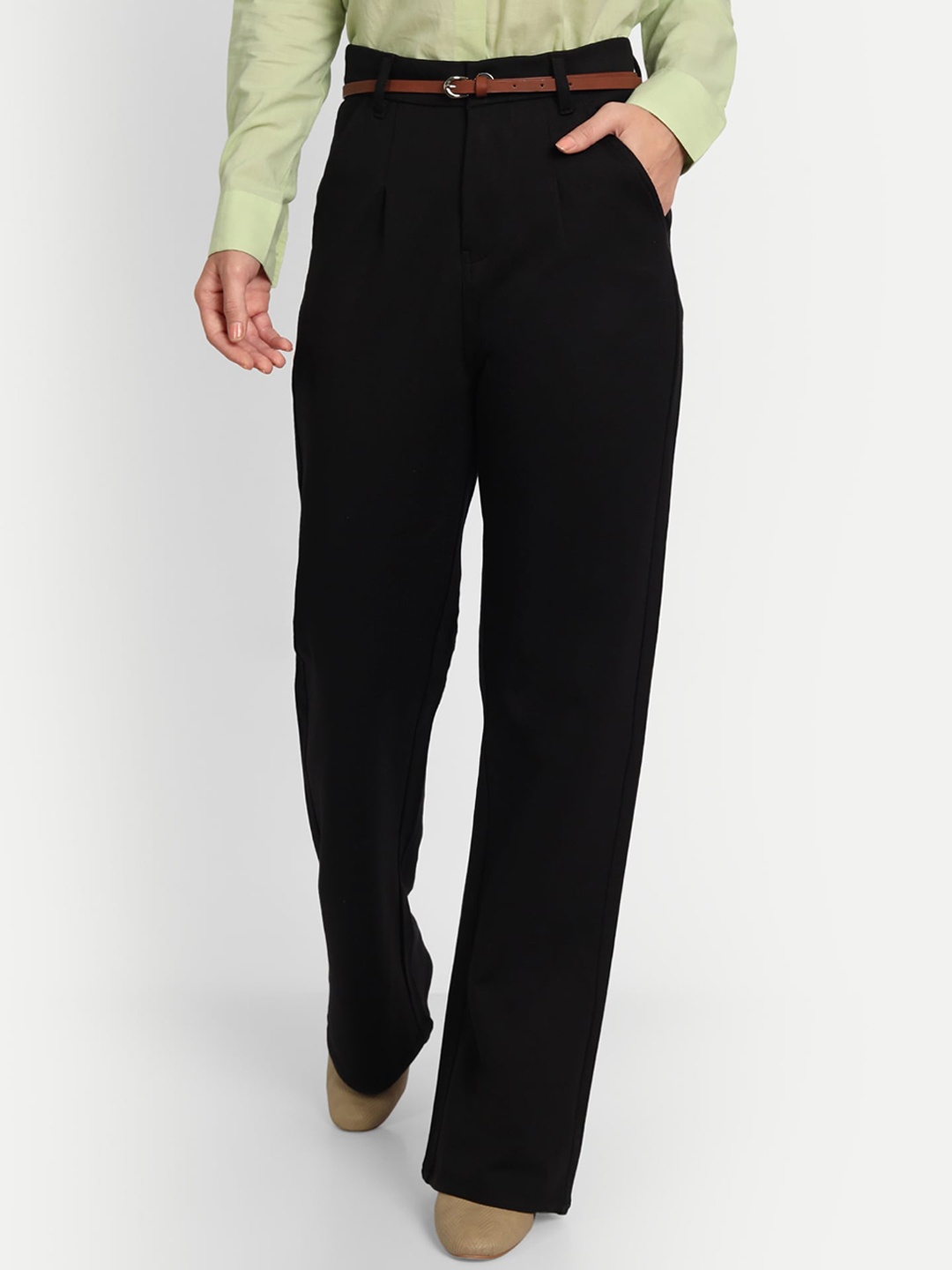

Next One Women Relaxed Straight Leg Loose Fit High-Rise Easy Wash Pleated Trousers, Black