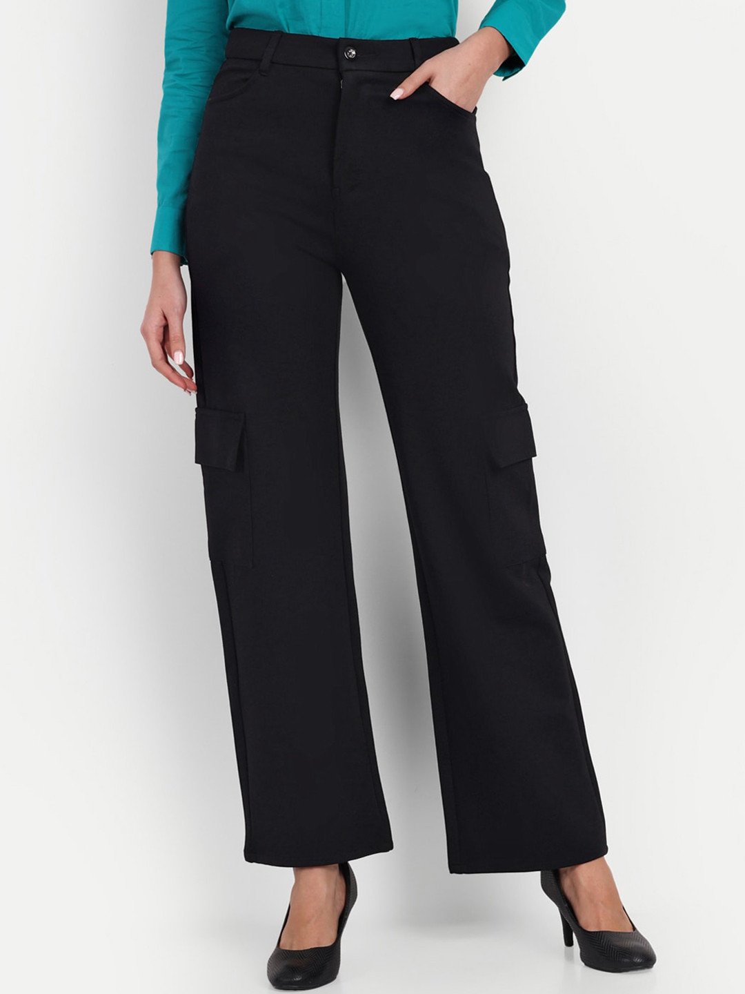 

Next One Women Relaxed Straight Leg Loose Fit High-Rise Easy Wash Cargos Trousers, Black