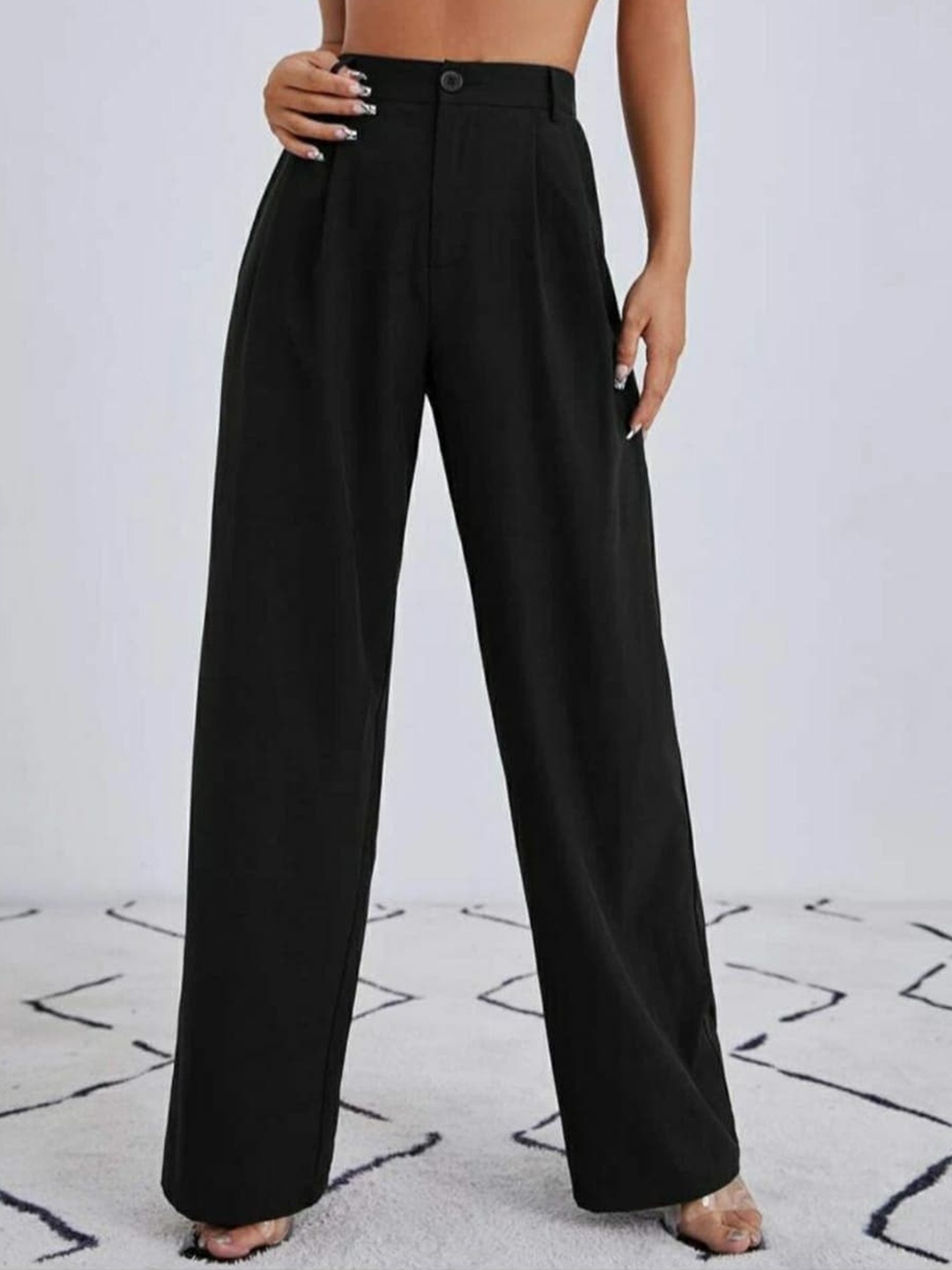 

Next One Women Relaxed Straight Leg Loose Fit High-Rise Easy Wash Parallel Trousers, Black