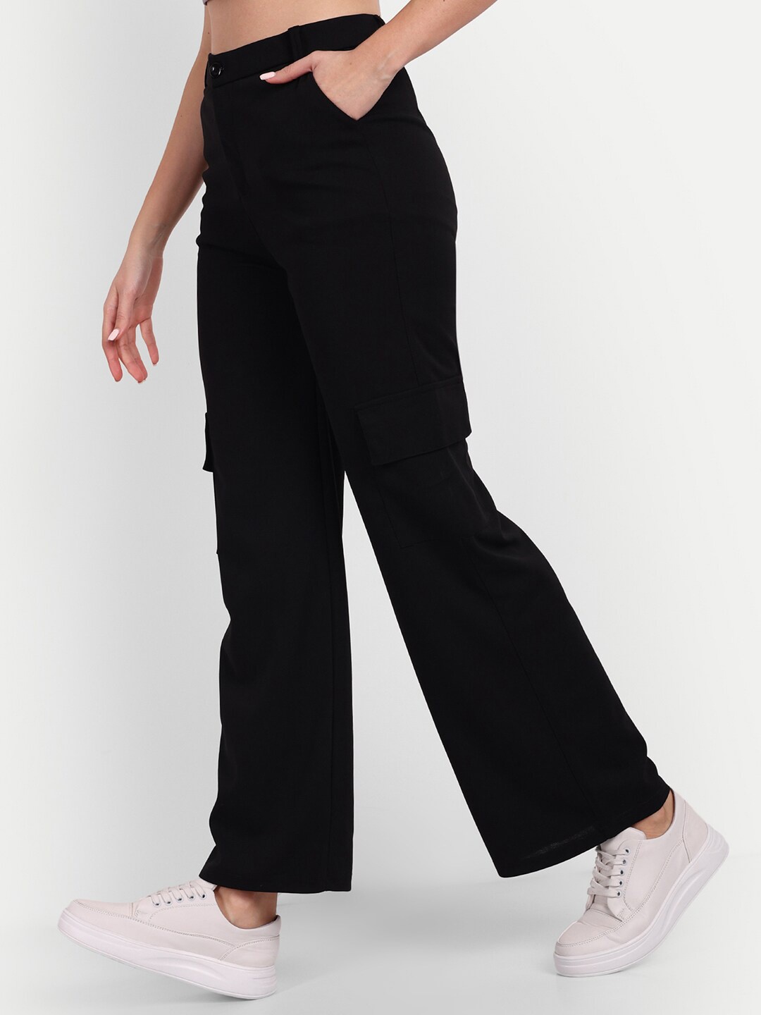 

Next One Women Smart Loose Fit High-Rise Easy Wash Cargos Trousers, Black