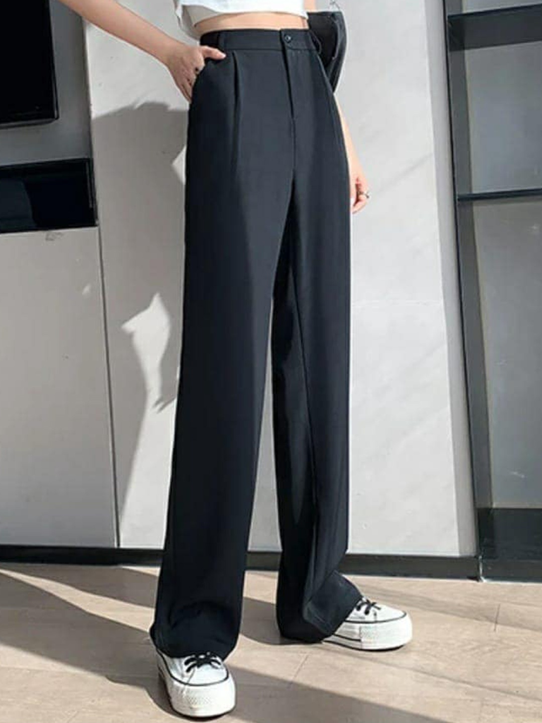 

Next One Relaxed Straight Leg Loose Fit High-Rise Easy Wash Stretchable Parallel Trousers, Black