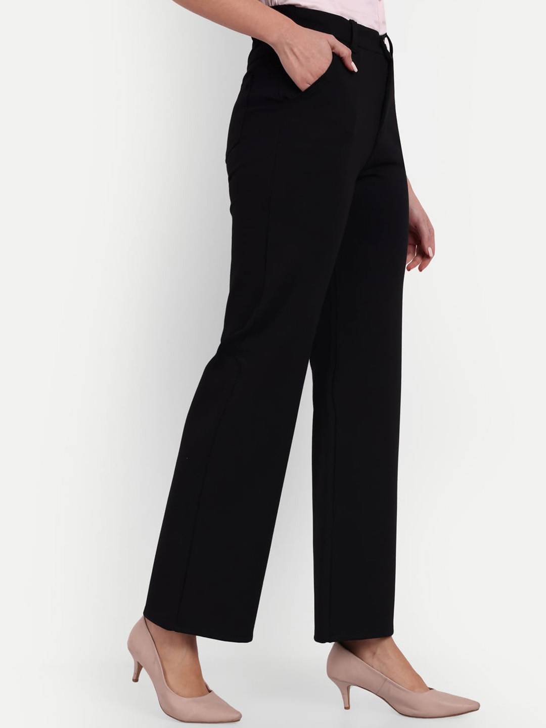 

Next One Women Relaxed Straight Leg High-Rise Easy Wash Loose Fit Formal Trousers, Black