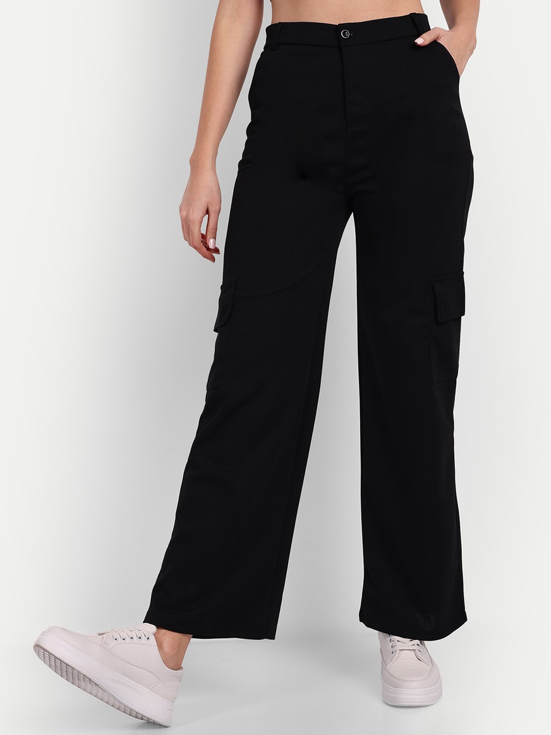 

Next One Women Smart Loose Fit High-Rise Easy Wash Cargos Trousers, Black