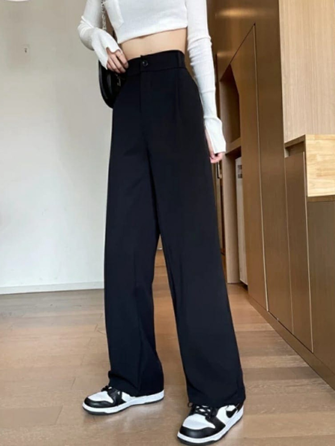 

Next One Women Tailored Loose Fit High-Rise Easy Wash Parallel Trousers, Black