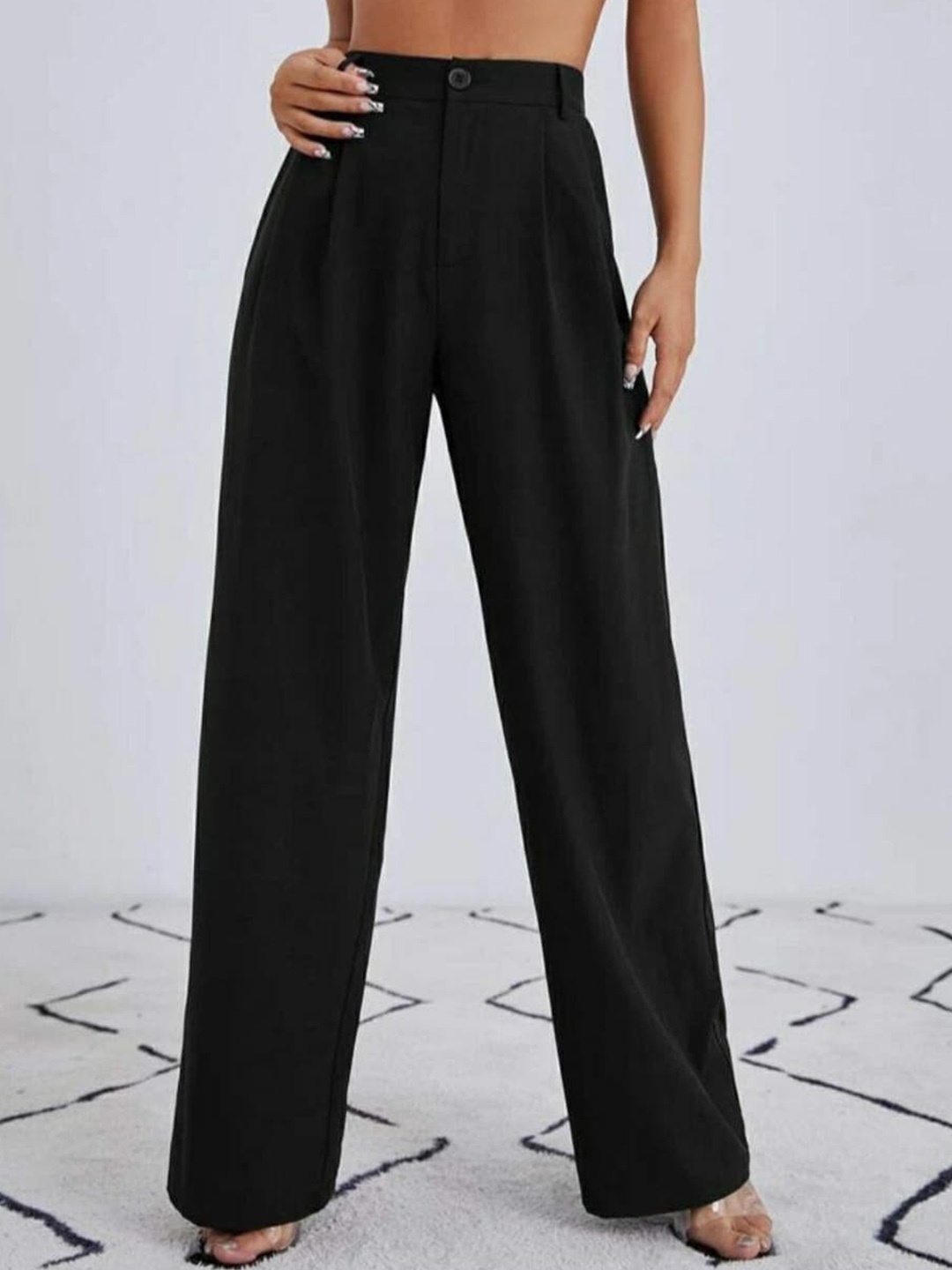 

Next One Women Relaxed Straight Leg Loose Fit High-Rise Easy Wash Trousers, Black