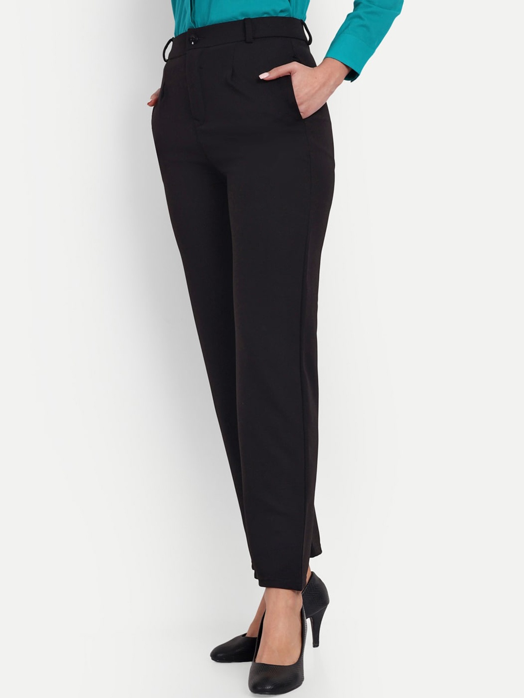 

Next One Women Tailored Straight Fit High-Rise Easy Wash Formal Trousers, Black