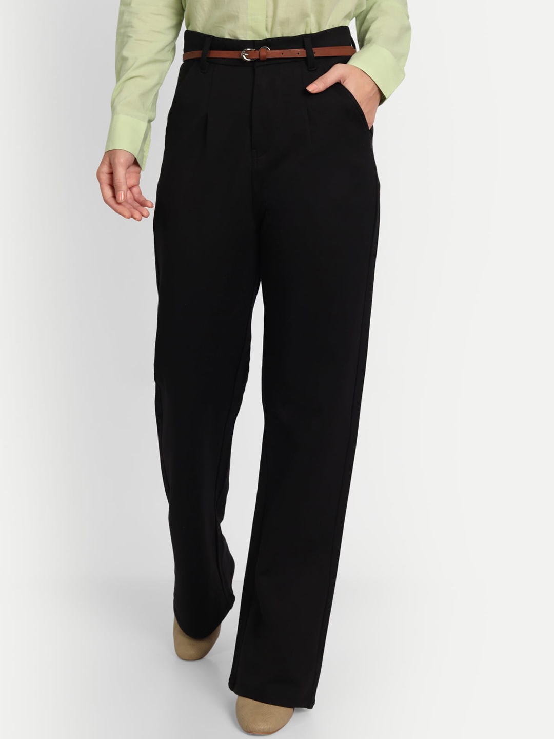 

Next One Women Relaxed Straight Leg Loose Fit High-Rise Easy Wash Trousers, Black