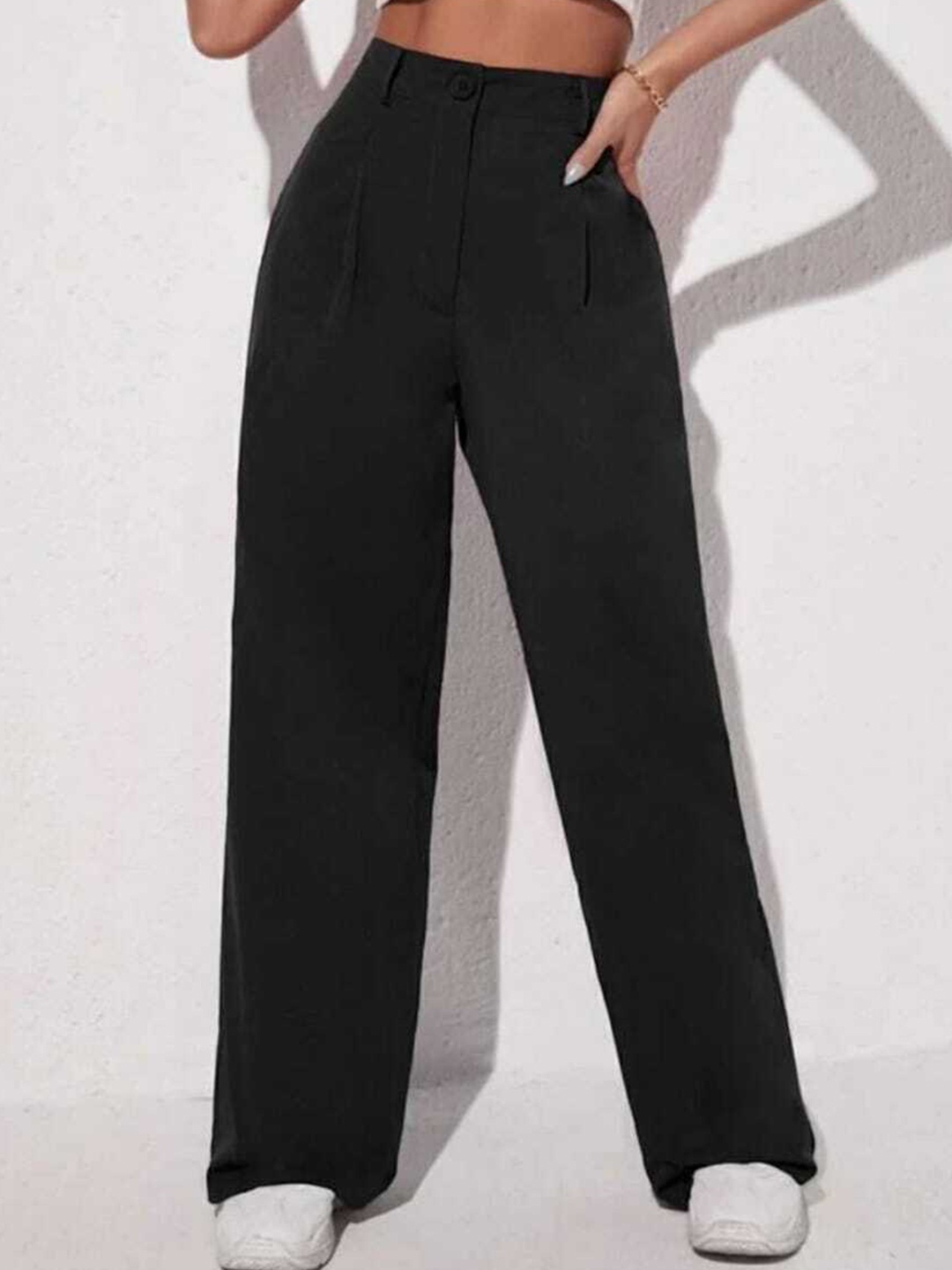 

Next One Women Relaxed Straight Leg Loose Fit High-Rise Parallel Trousers, Black