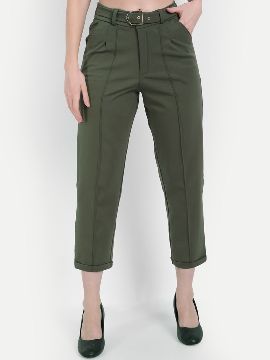 

Next One Women Relaxed Straight Leg Loose Fit High-Rise Easy Wash Trousers, Green