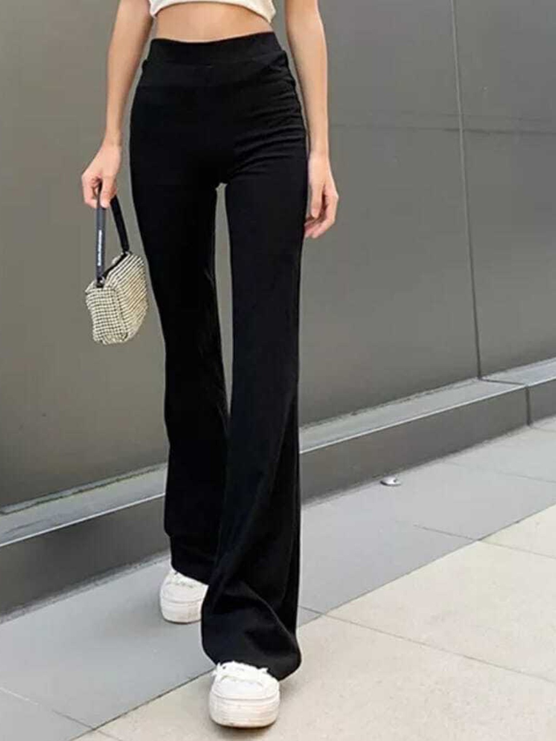 

Next One Women Relaxed Straight Leg Flared High-Rise Easy Wash Trousers, Black
