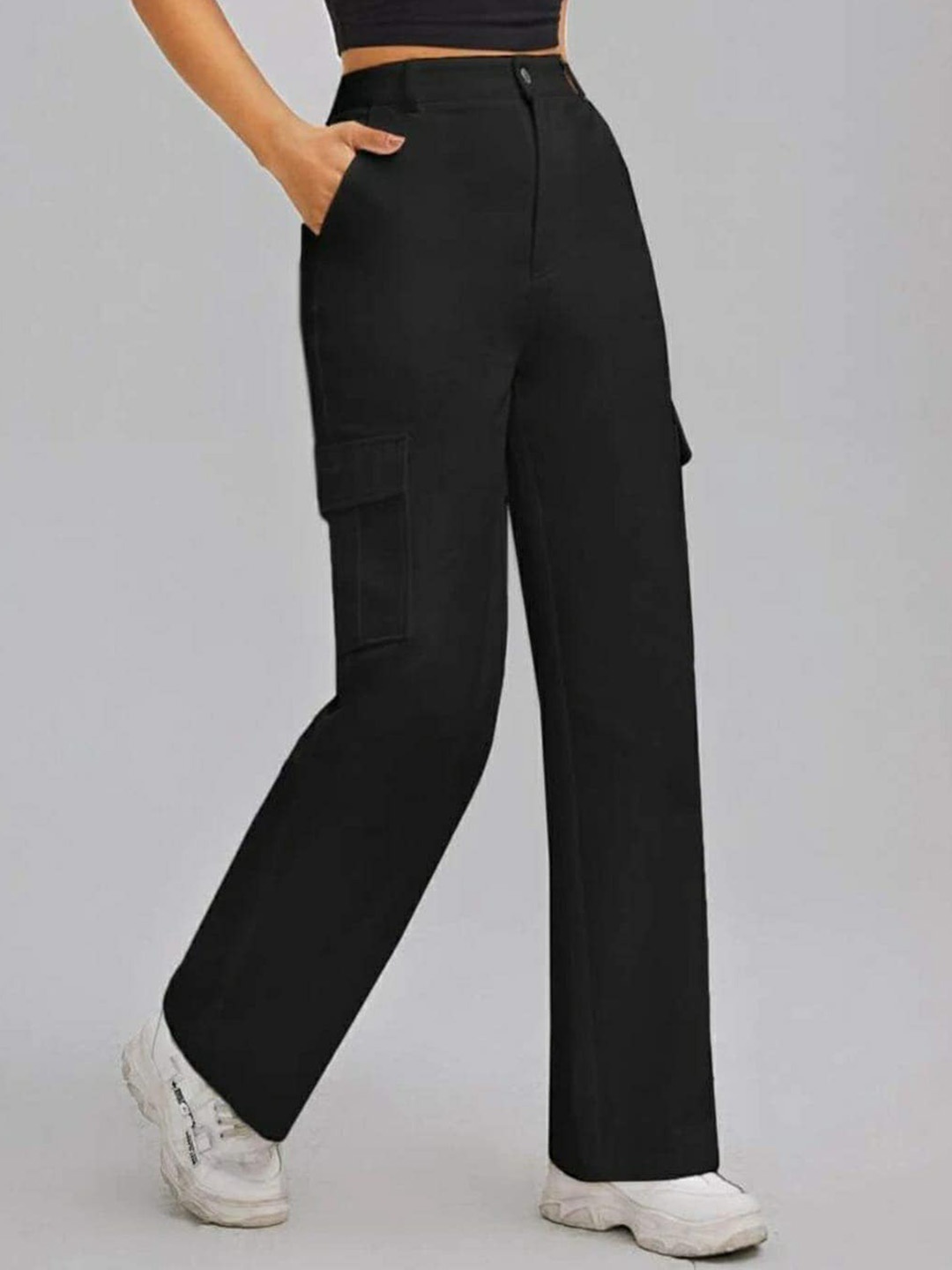 

Next One Women Relaxed Straight Leg High-Rise Easy Wash Cargos Trousers, Black