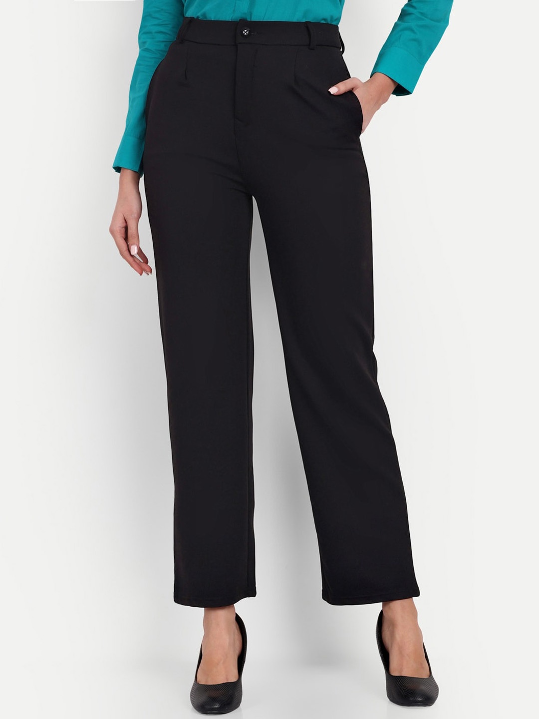 

Next One Women Tailored Straight Fit High-Rise Easy Wash Formal Trousers, Black