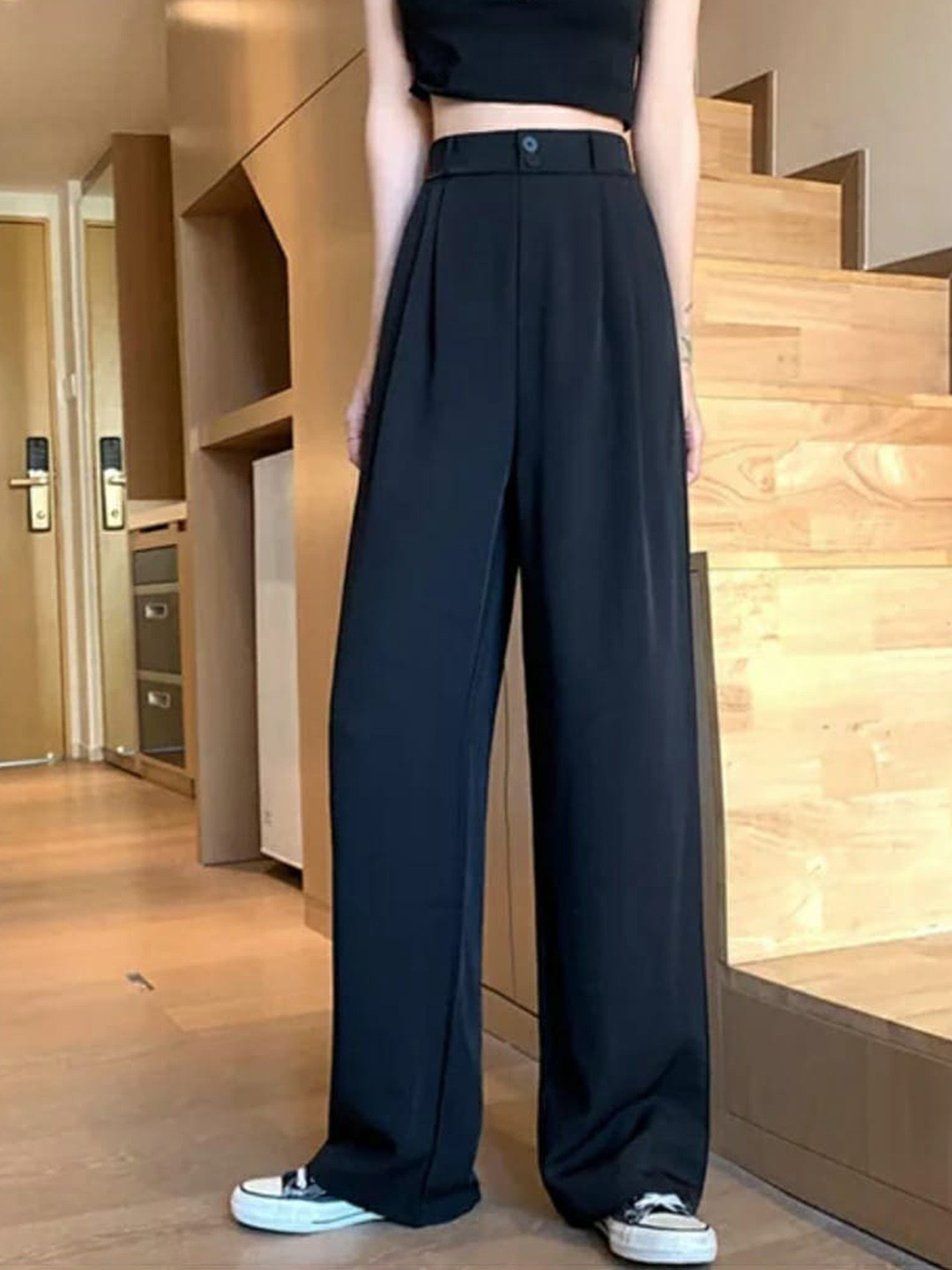 

Next One Women Relaxed Straight Leg Loose Fit High-Rise Easy Wash Trousers, Black